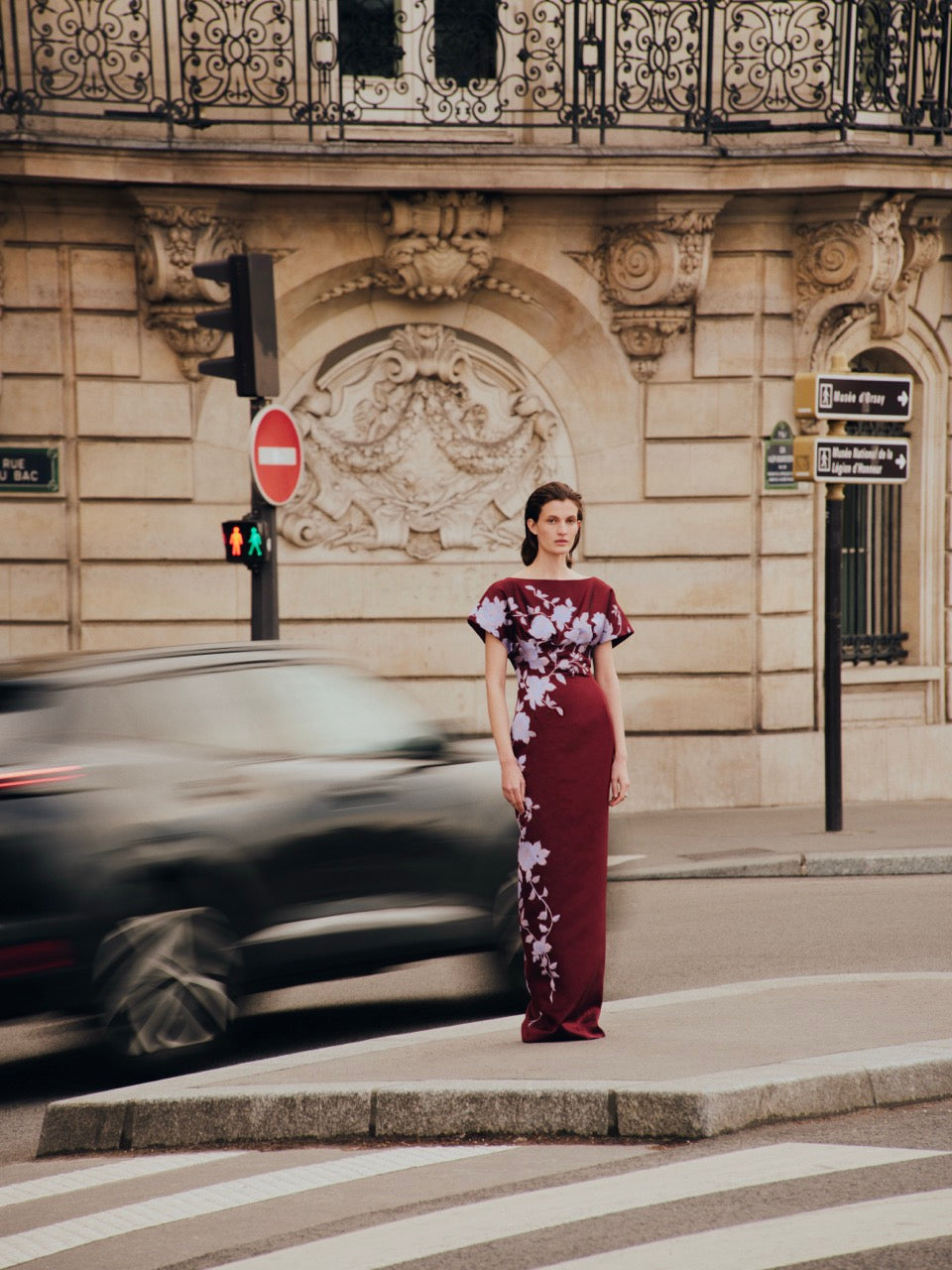 Rose Fil Coupe Column Gown in Oxblood/Lavender