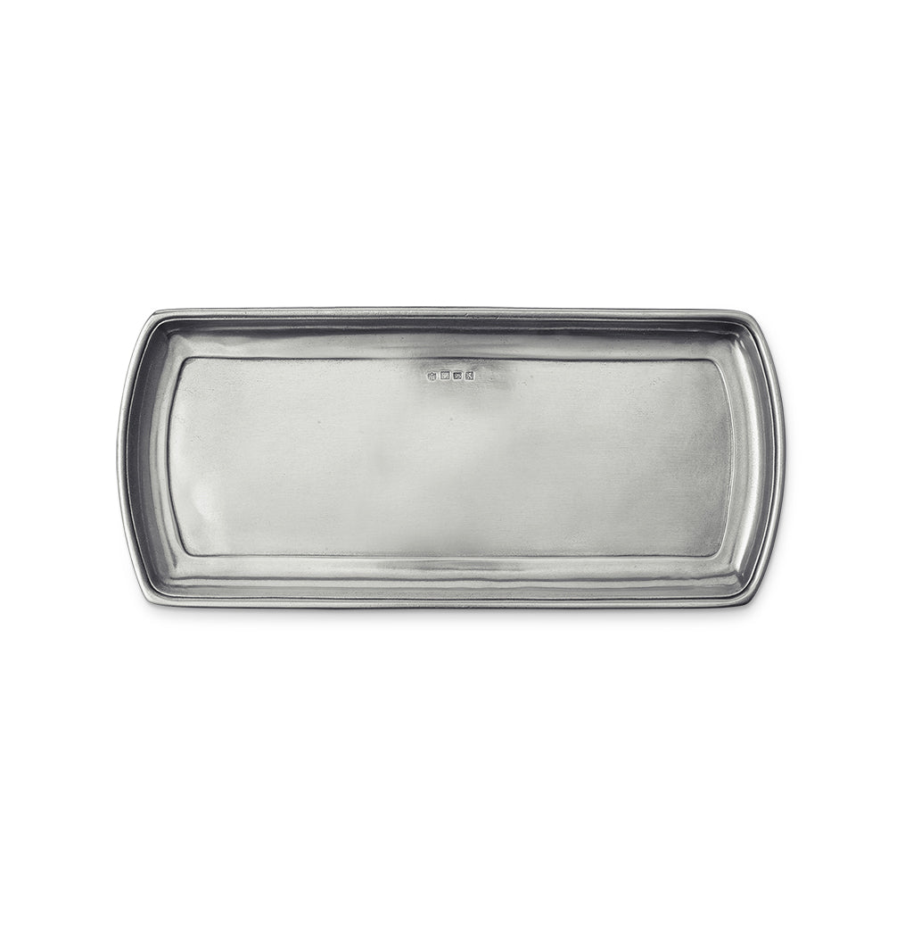 Top view of Narrow Tray, Classico showcasing its raised rounded edges and contemporary rectangular shape on a white background