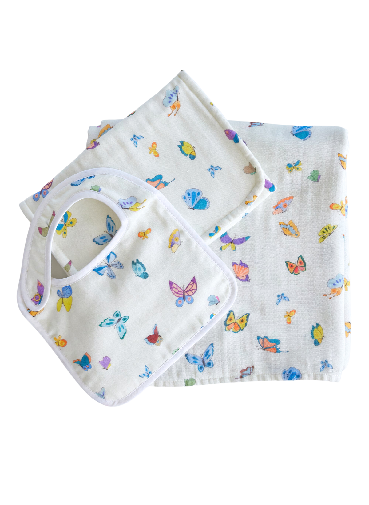 Top view of Madame Butterfly Bundle Set showcasing butterfly print on bib, shawl blanket, and burp cloth