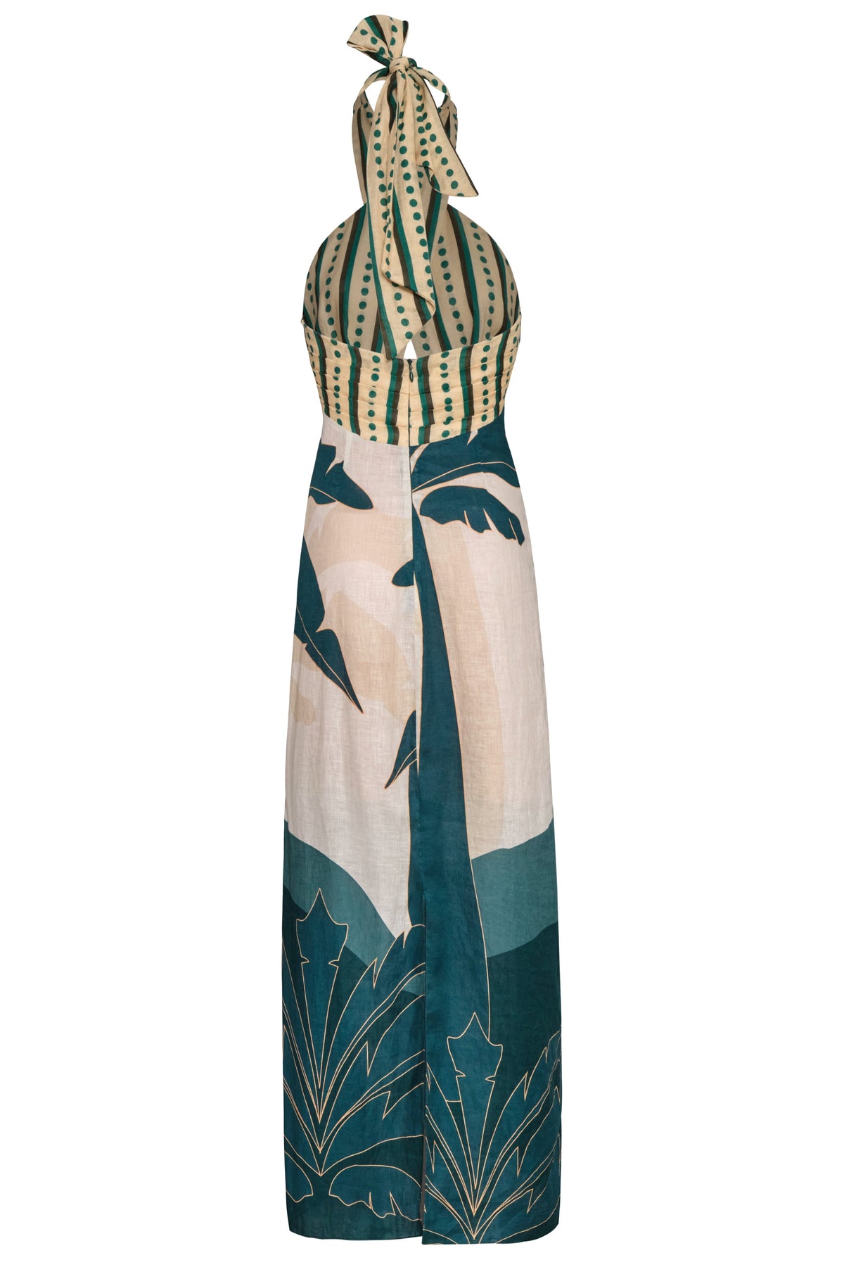 Costa del Sol Linen Midi Dress in Aquamarine Palms & Green Stripes