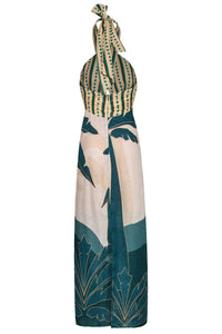 Costa del Sol Linen Midi Dress in Aquamarine Palms & Green Stripes