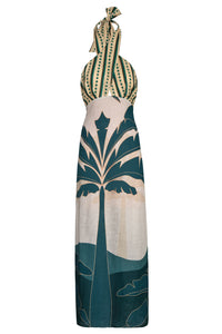 Costa del Sol Linen Midi Dress in Aquamarine Palms & Green Stripes