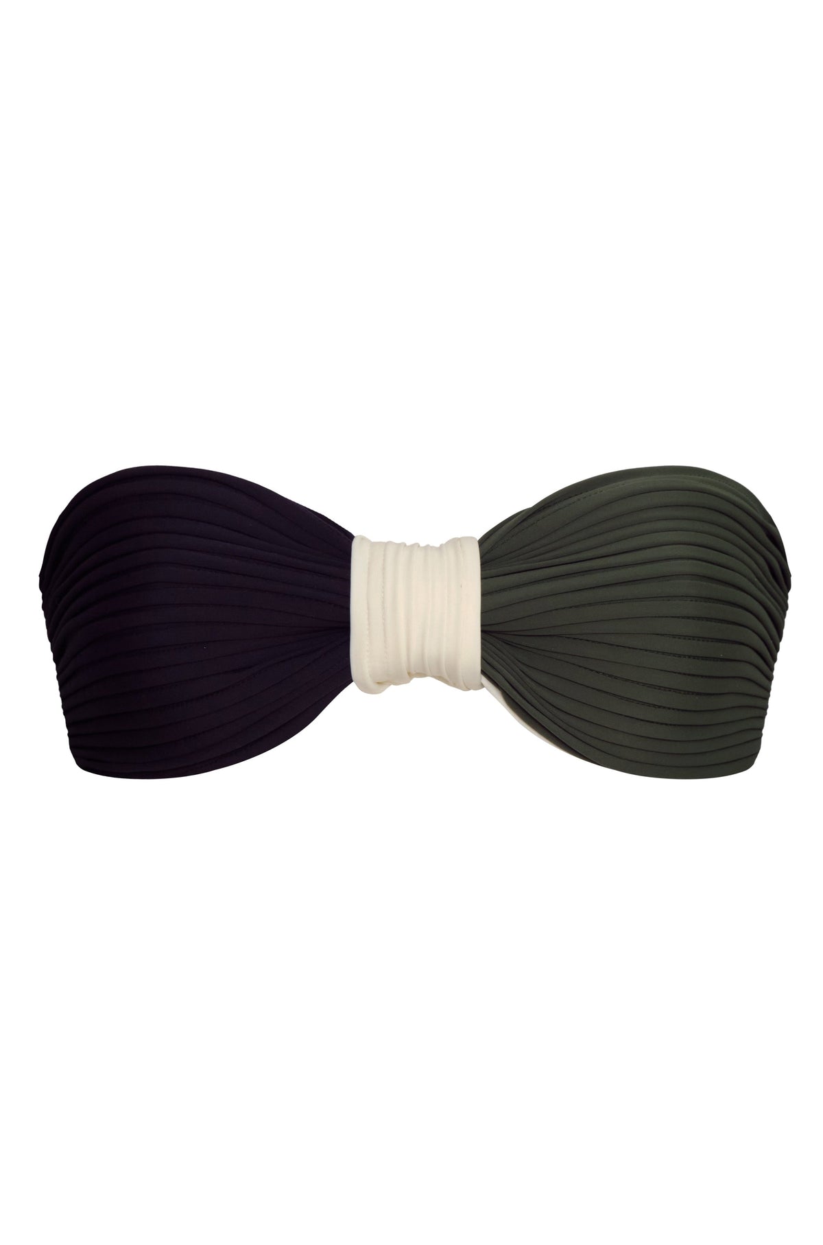 Front view of Emma Top in Green & Dark Green showcasing pleated cups and a contrasting center panel on white background