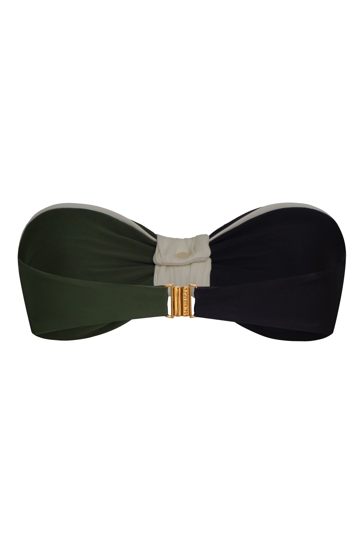 Front view of Emma Top in Green & Dark Green showcasing pleated color-blocked cups, cream center and gold clasp on white background