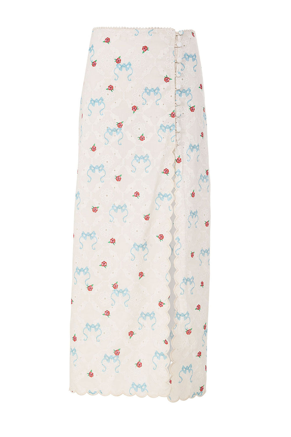 Front view of Sarahi Skirt in Multicolor showcasing eyelet fabric, allover print, trim, and side buttons on white background