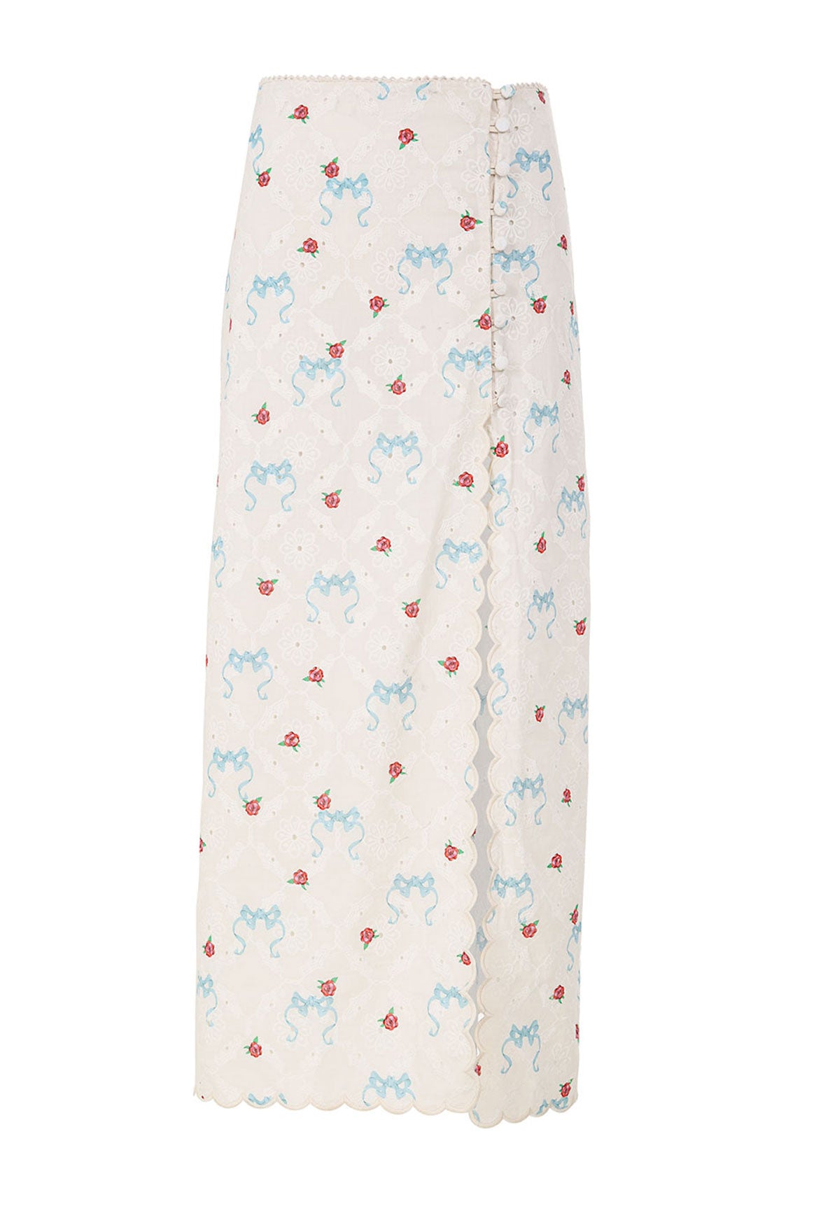 Front view of Sarahi Skirt in Multicolor showcasing eyelet fabric, allover print, trim, and side buttons on white background
