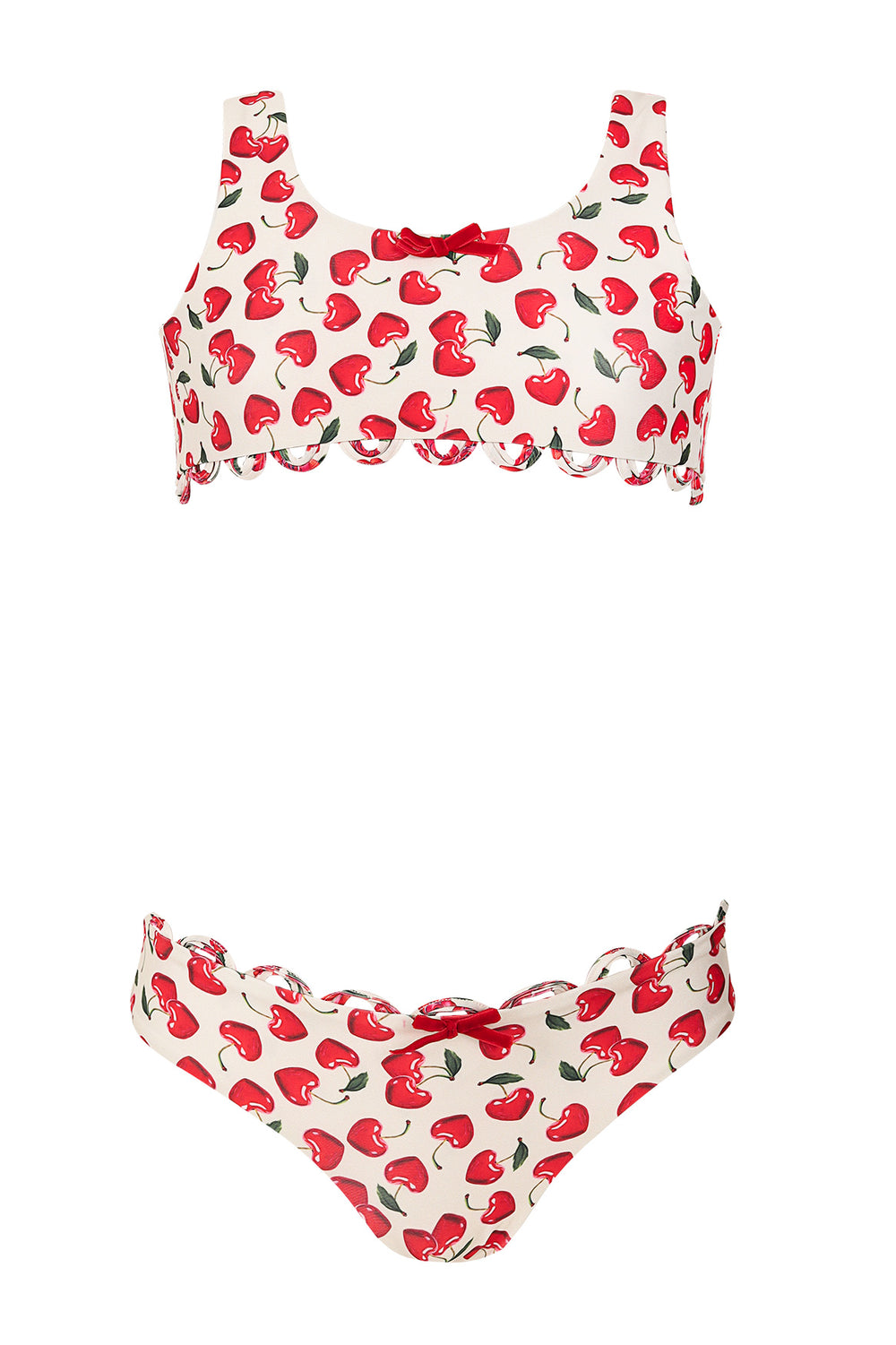 Front view of Dolce Kids Bikini Set in Multicolor showcasing allover print and scalloped trim with white background