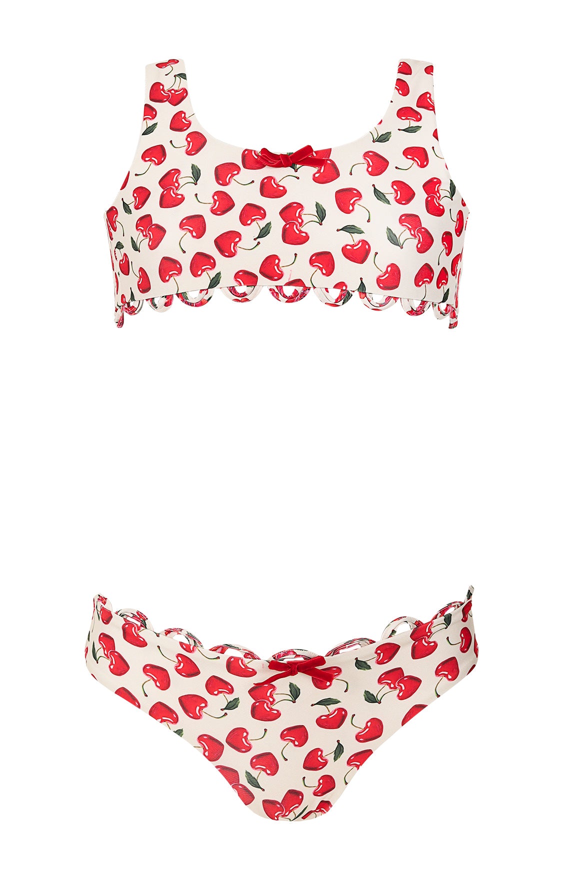 Front view of Dolce Kids Bikini Set in Multicolor showcasing allover print and scalloped trim with white background