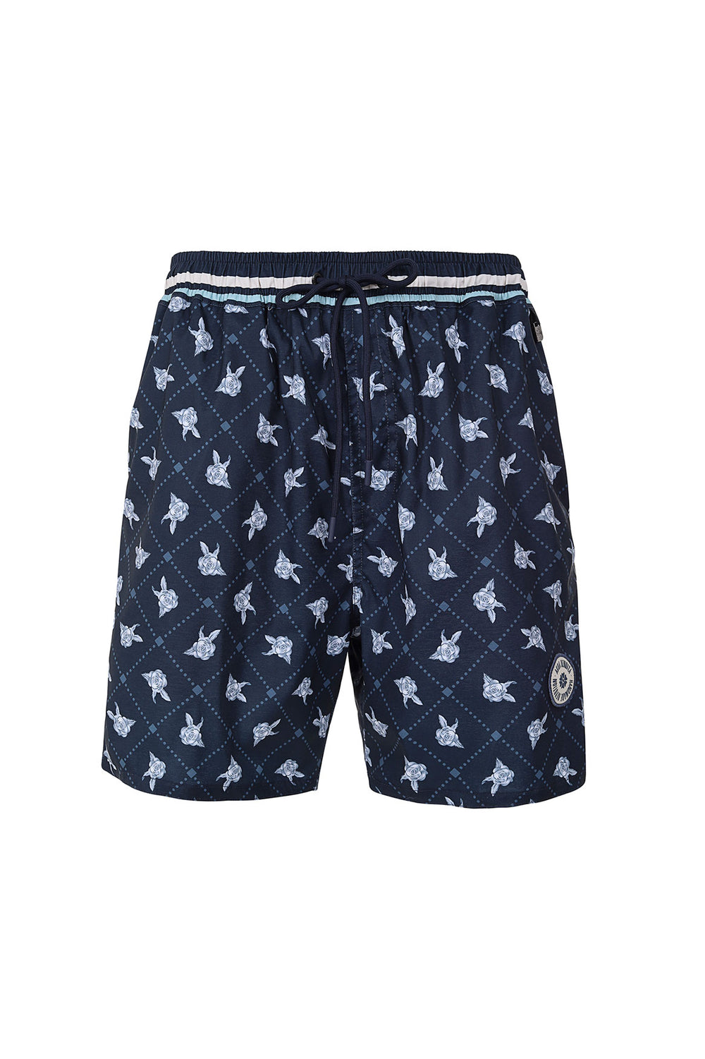 Front view of Joe Men’s Swim Trunks in Multi showcasing navy floral placement print and adjustable drawstring with white background