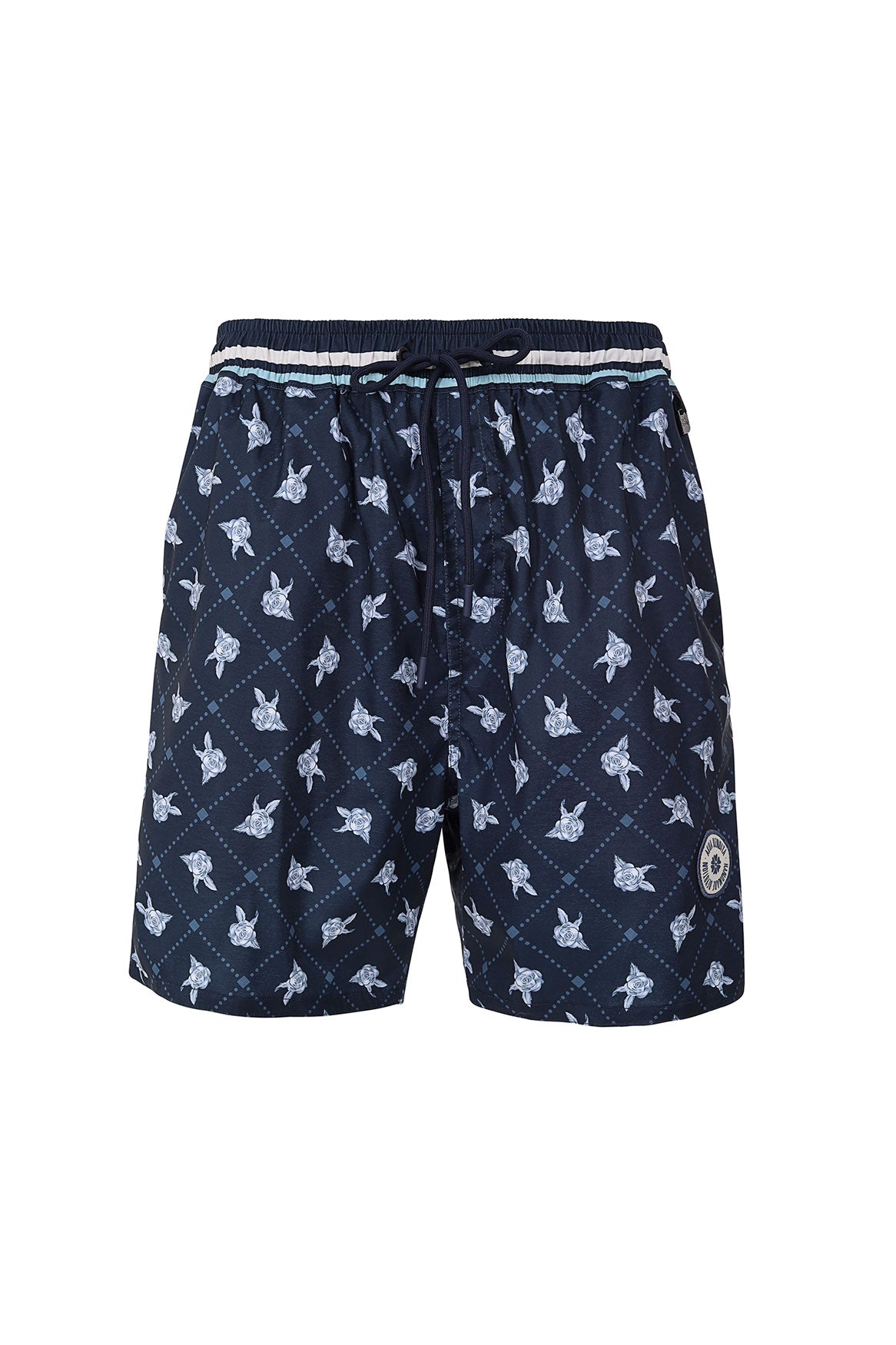 Front view of Joe Men’s Swim Trunks in Multi showcasing navy floral placement print and adjustable drawstring with white background