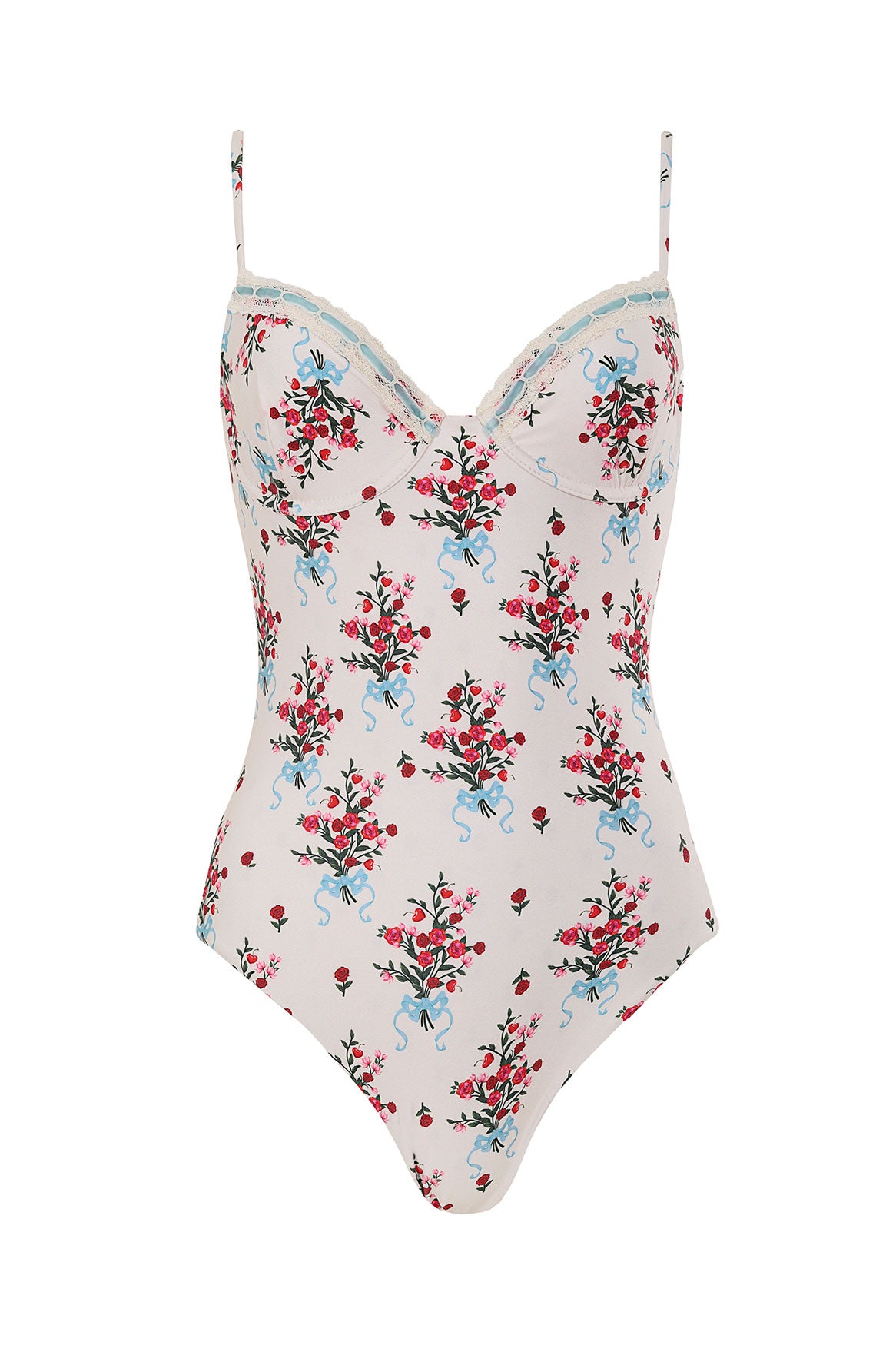 Front view of Petra One-Piece Swimsuit in Multicolor showcasing underwired cups, lace trim, and floral print on white background