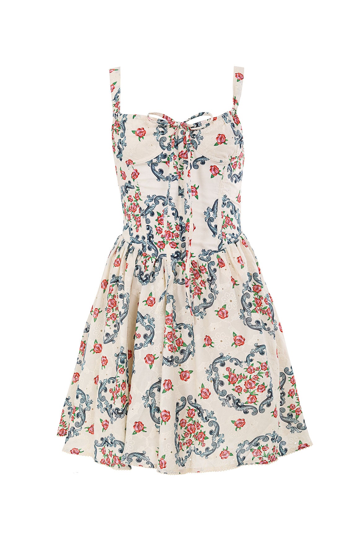 Front view of Spring Dress in Multicolor showcasing allover print, structured underwired bodice, and eyelet fabric detailing on white background