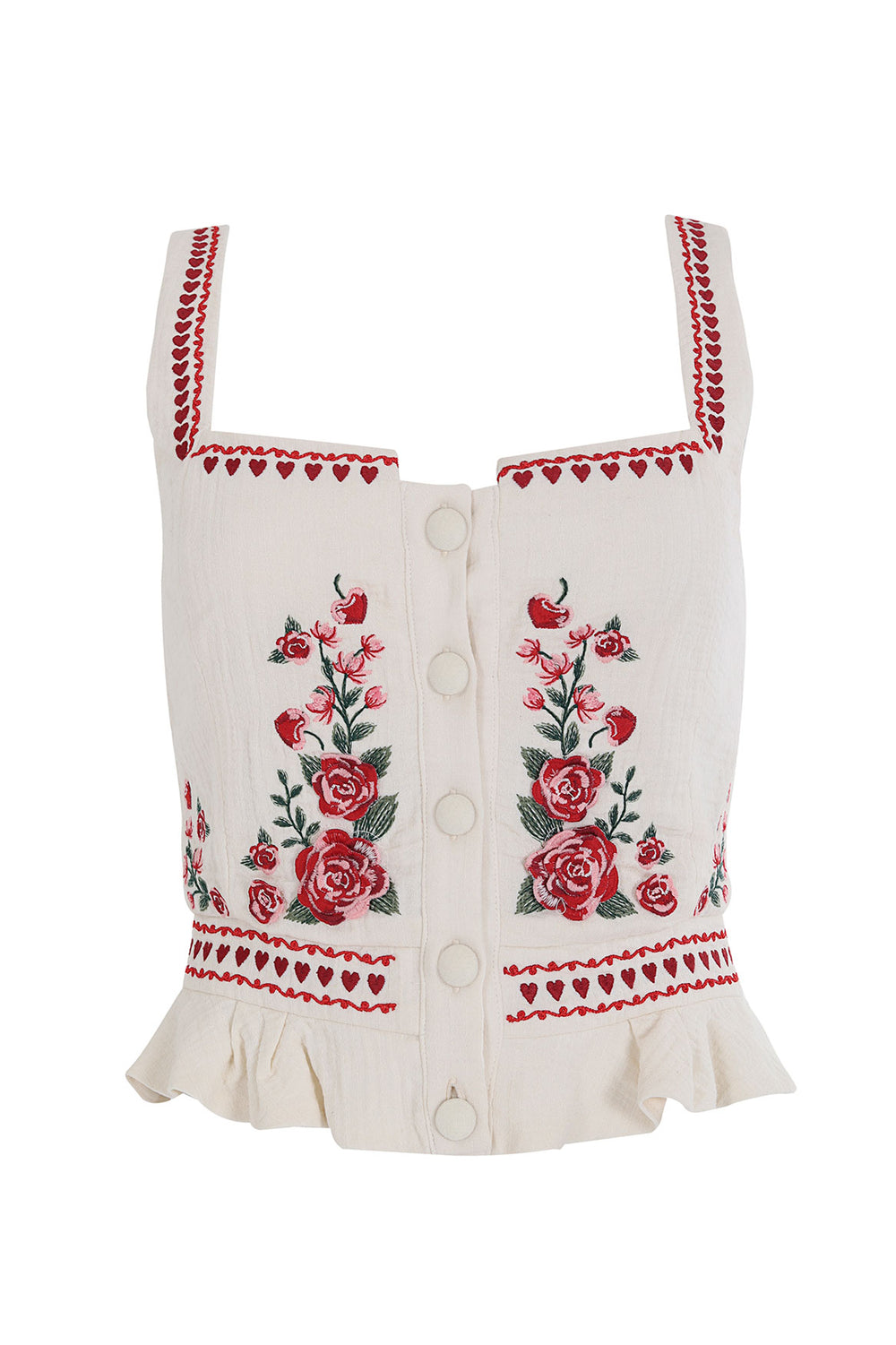 Front view of Charlotte Crop Top Shirt in multicolor showcasing 3D floral embroidery, buttons, and ruffles on white
