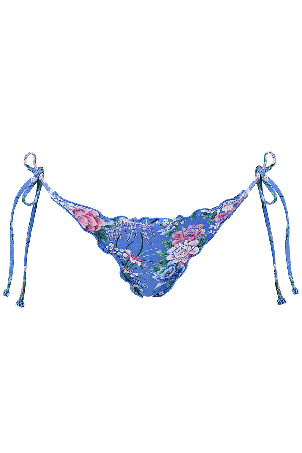 Front view of Nader Alegria Bikini Bottom in Blue with placement print, ruched trim, and adjustable side ties on white