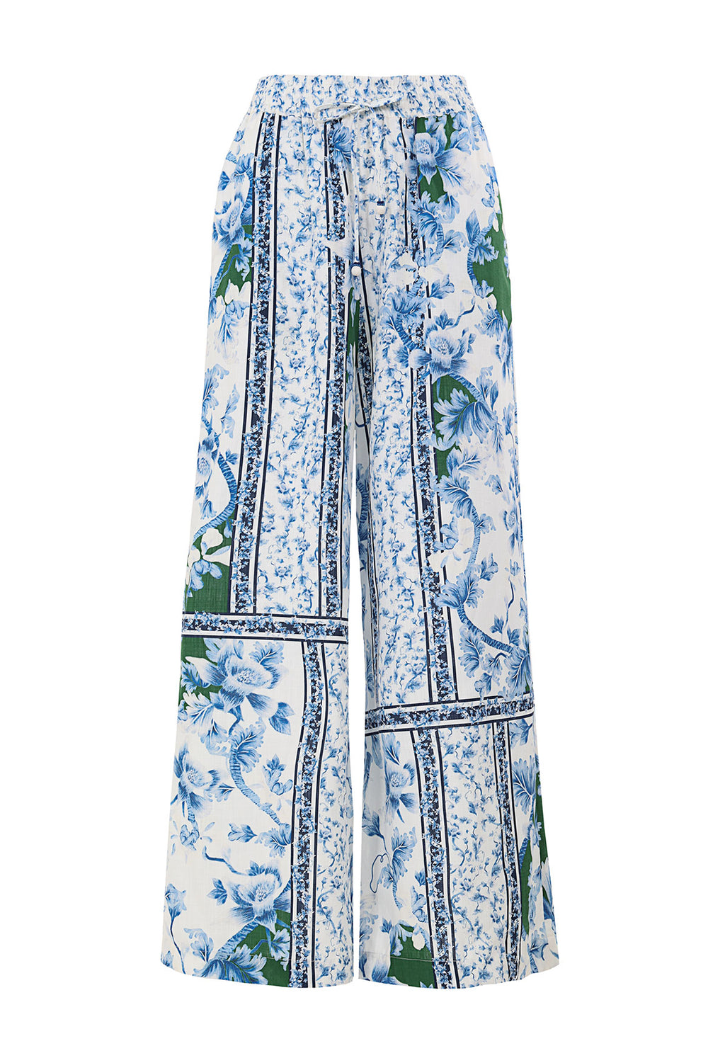 Front view of Nader Winter Pants in White showcasing the wide-leg floral placement print with a white background