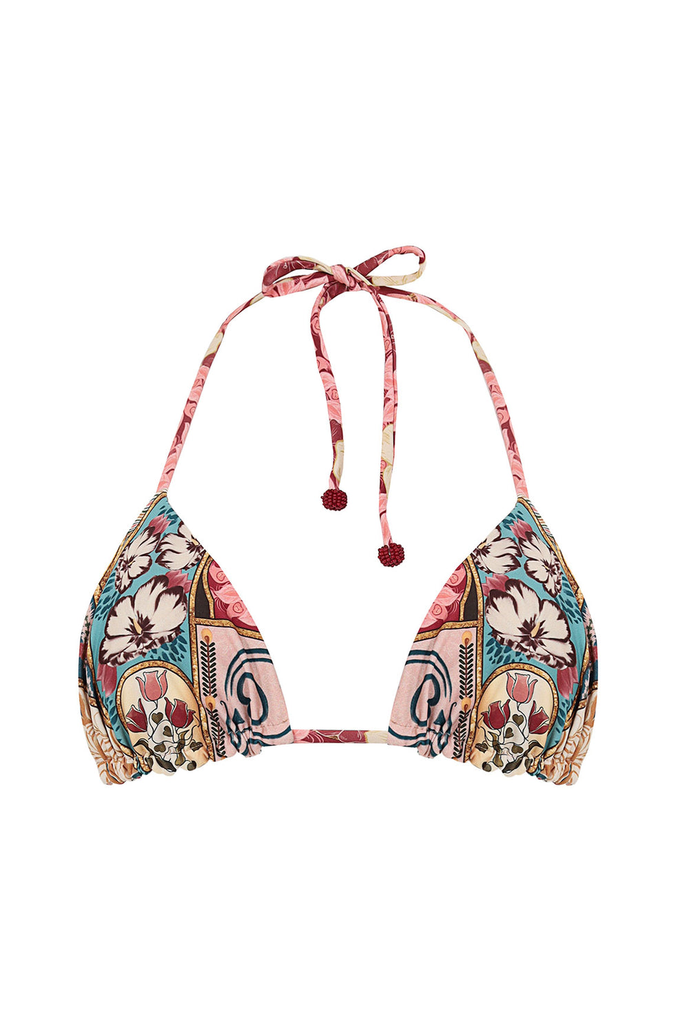 Front view of Nader Lolita Bikini Top in Multi with reversible triangle cups, adjustable straps, and handmade tie ends