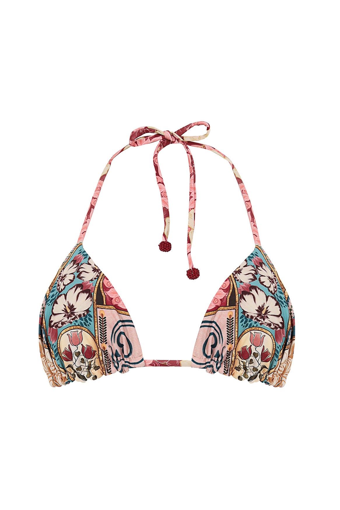 Front view of Nader Lolita Bikini Top in Multi with reversible triangle cups, adjustable straps, and handmade tie ends