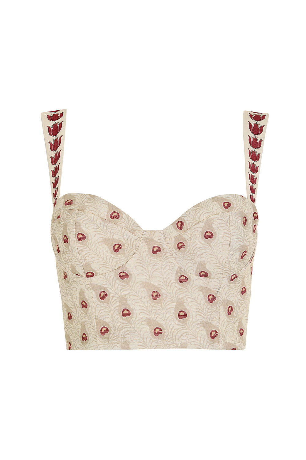 Front view of Nader Lupe Crop Top in Natural with underwired bodice, printed straps, and placement print on white background
