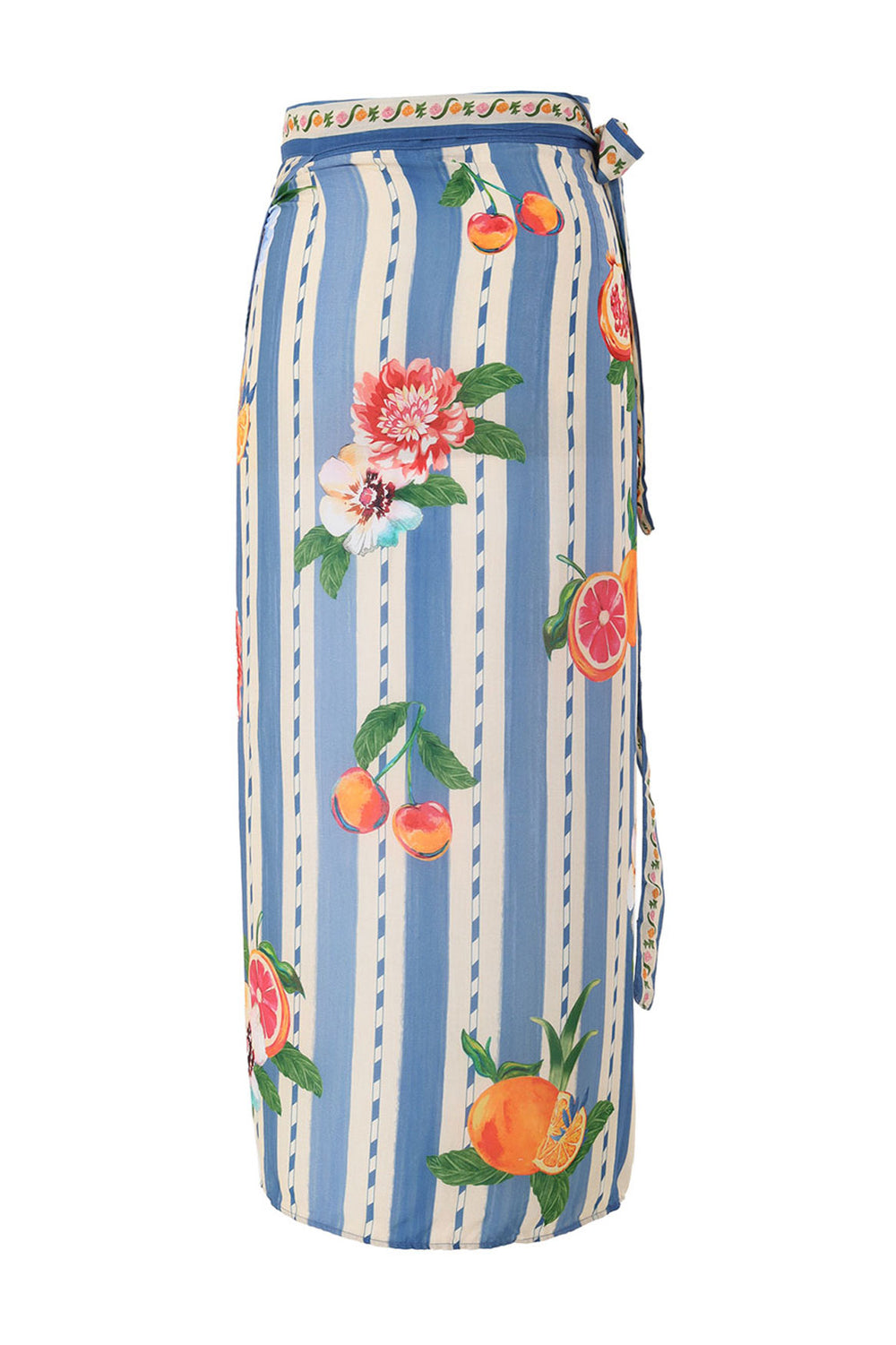 Front view of the Zinna Pareo Cover-Up in Blue showcasing its wrap-around tie waist and vibrant floral and fruit placement print