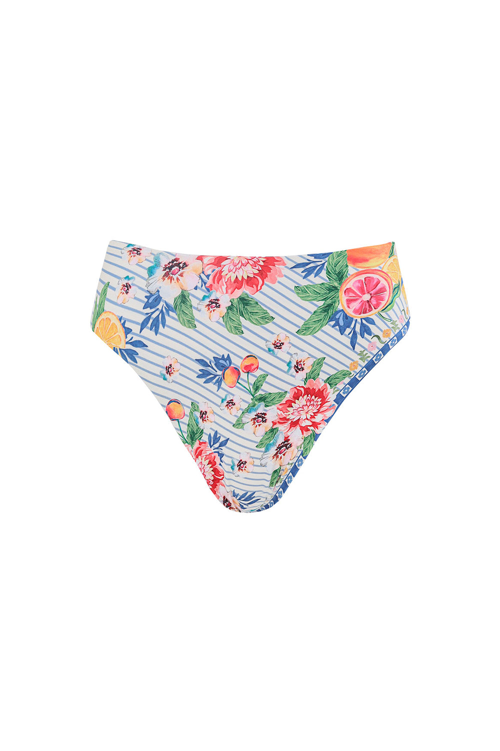 Front view of Penelope Bikini Bottom in White showcasing vibrant floral and fruit placement print on a white background
