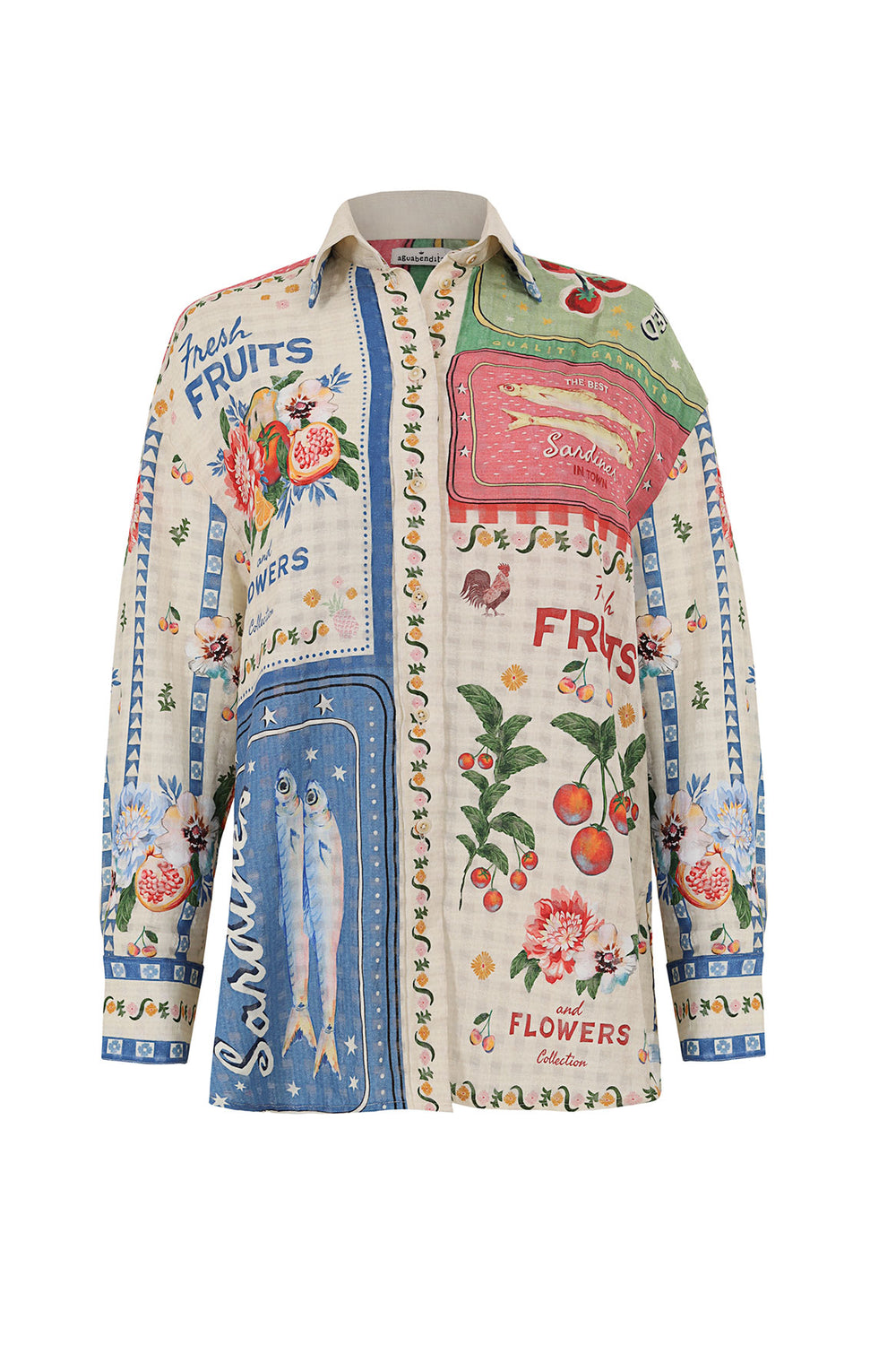 Front view of Anastasia Shirt in Multi showcasing its vibrant vintage-inspired placement print on a white background