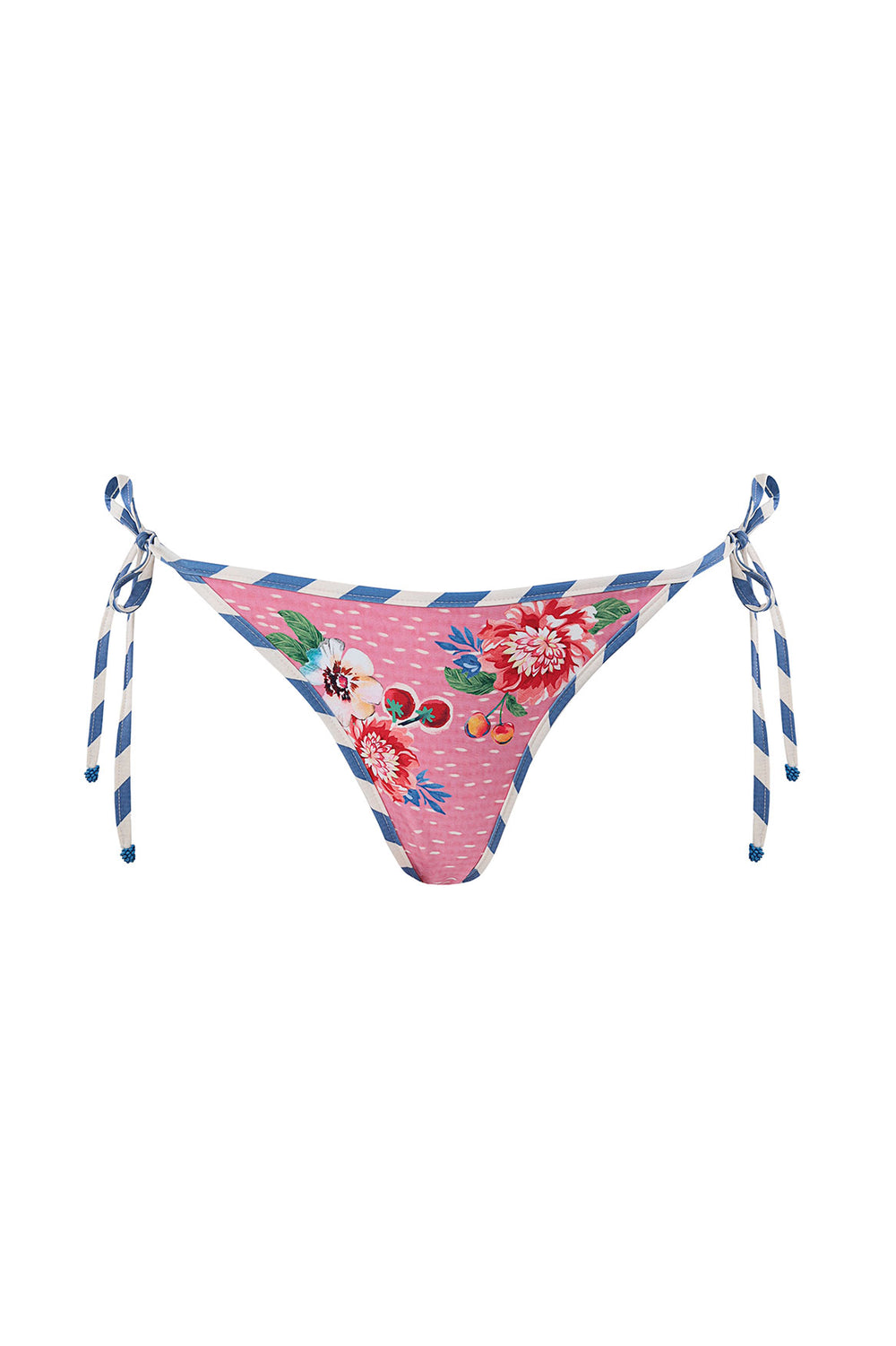 Front view of Clemente Bikini Bottom in Pink showcasing floral fruit print and striped tie sides on white background