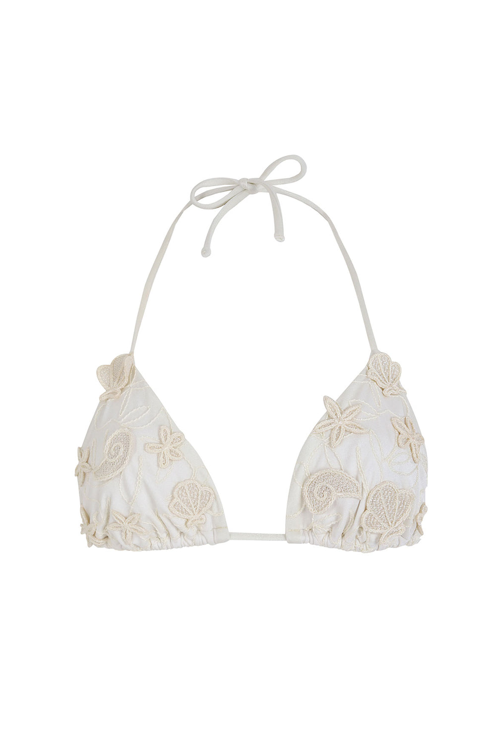 Front view of Nader Lolita Bikini Top in White showcasing 3D machine embroidery, adjustable ties, and beaded tie ends on a white background