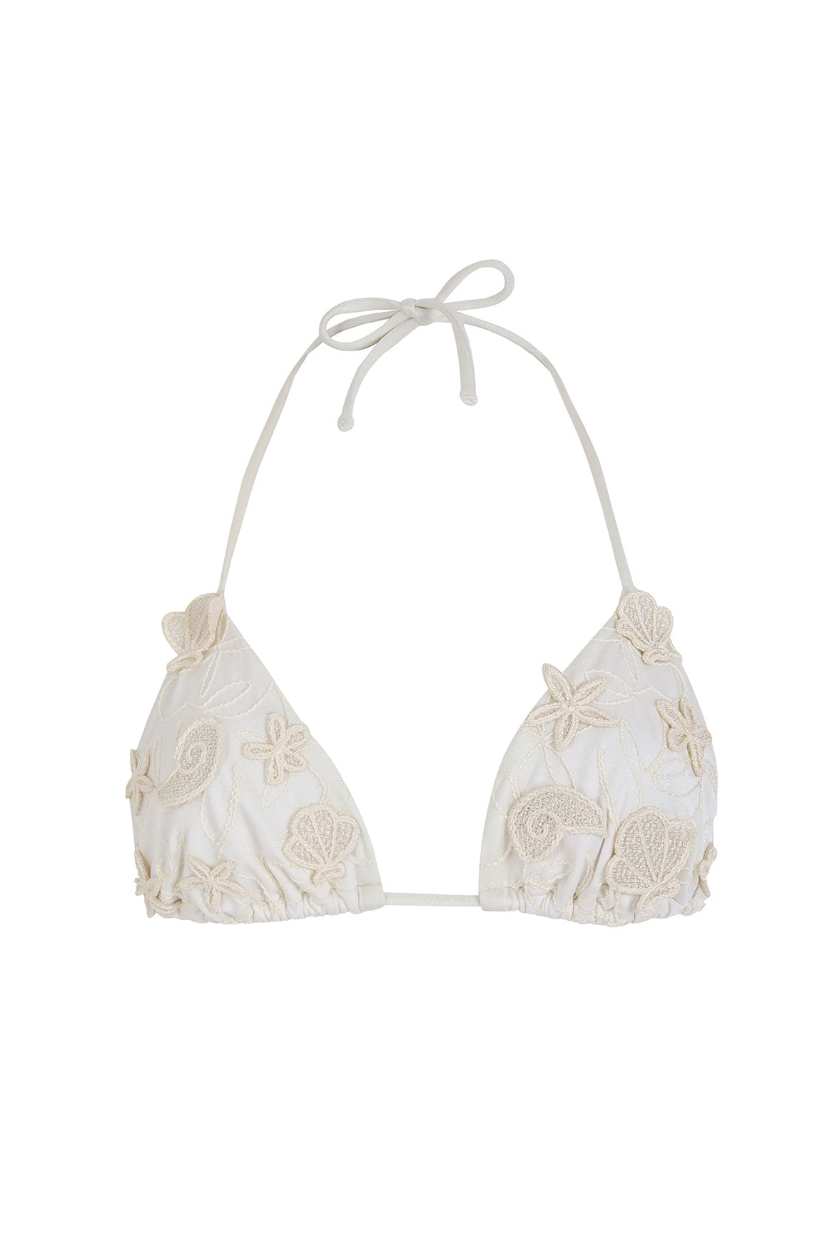 Front view of Nader Lolita Bikini Top in White showcasing 3D machine embroidery, adjustable ties, and beaded tie ends on a white background