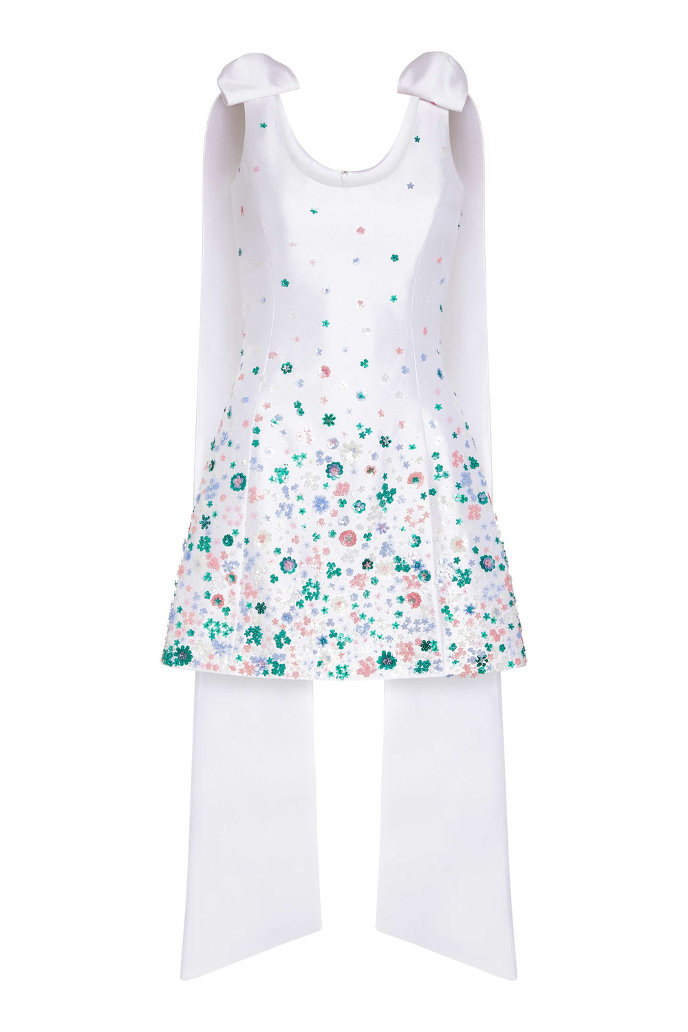 Front view of Daffodil Dress, white silk-cotton mini with multicolor floral beading and bow shoulder trains