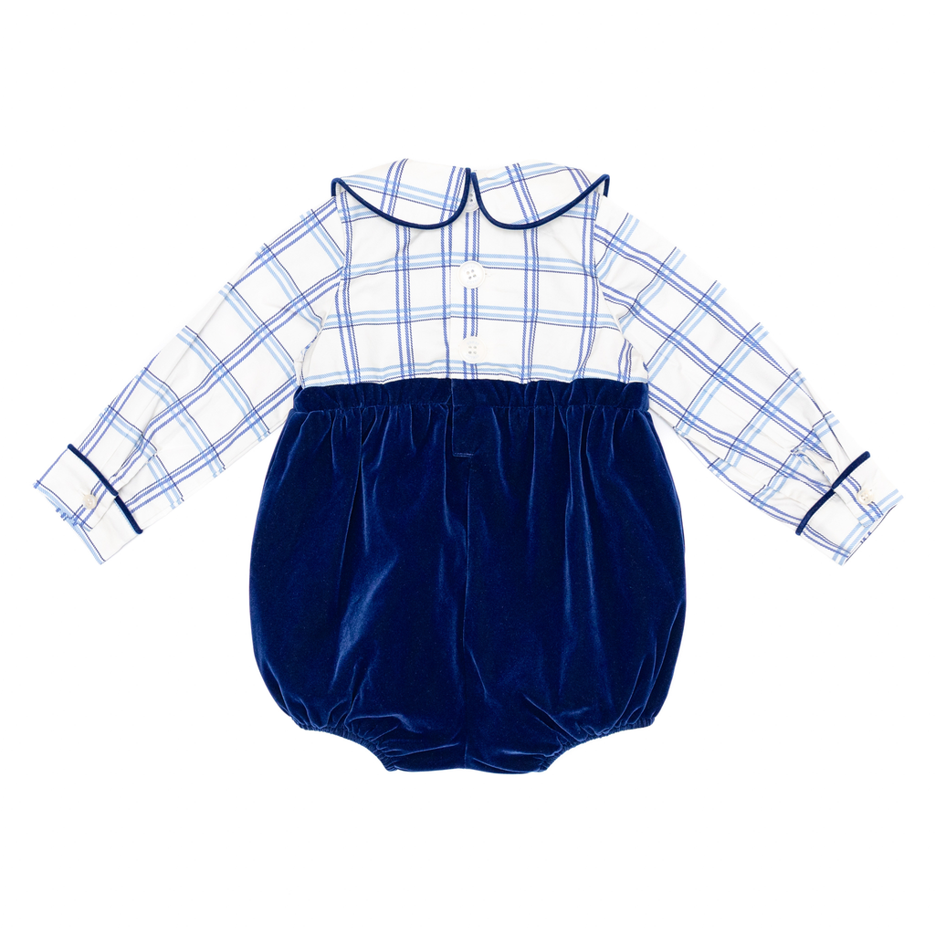 Henry Duvall Beau Bubble with Prescott Plaid top and Back Bay Blue Velvet bottom, long sleeve baby boy holiday romper with HD buttons and diaper snaps
