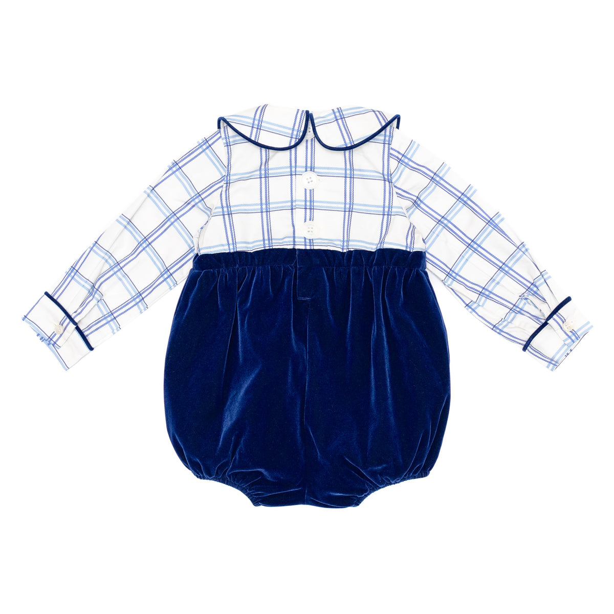 Henry Duvall Beau Bubble with Prescott Plaid top and Back Bay Blue Velvet bottom, long sleeve baby boy holiday romper with HD buttons and diaper snaps