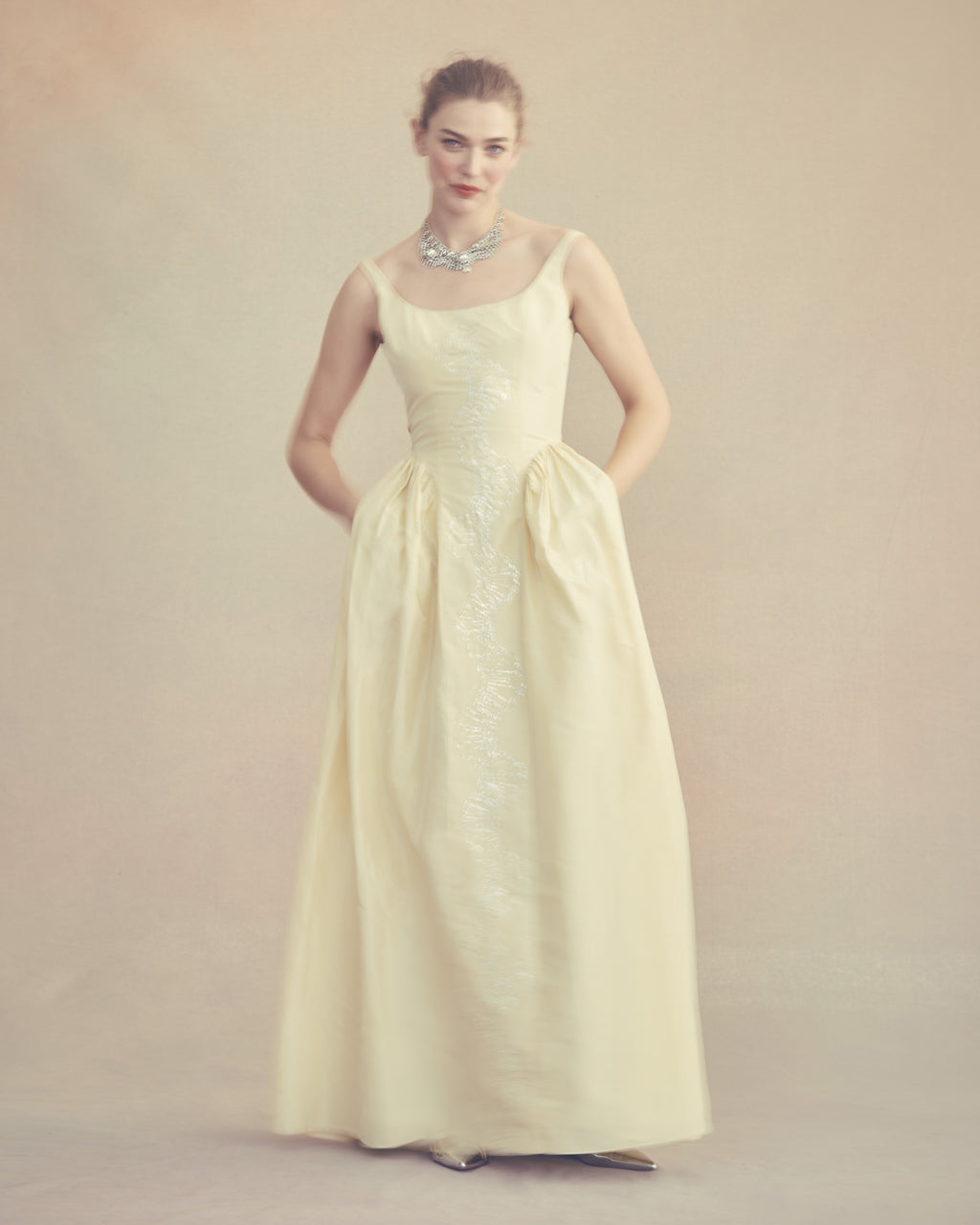 Antoinette Dress in Butter Yellow Taffeta with Ribbon Embroidery