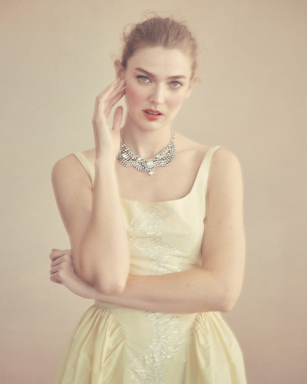 Antoinette Dress in Butter Yellow Taffeta with Ribbon Embroidery