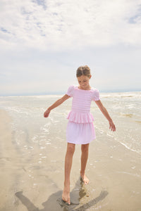 Little English classic isla skirt in jaipur pink with smocked waistband, for little girl 