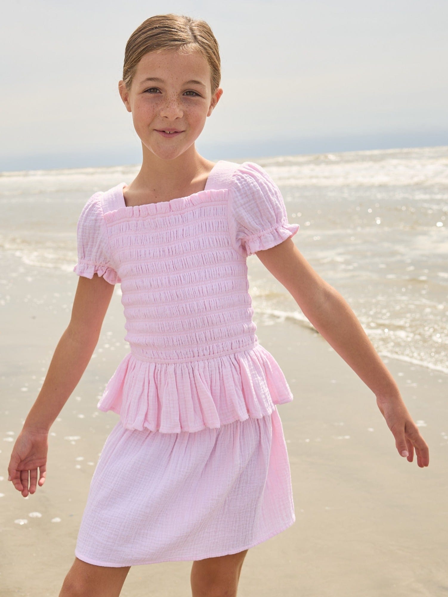 Little English classic isla skirt in jaipur pink with smocked waistband, for little girl 