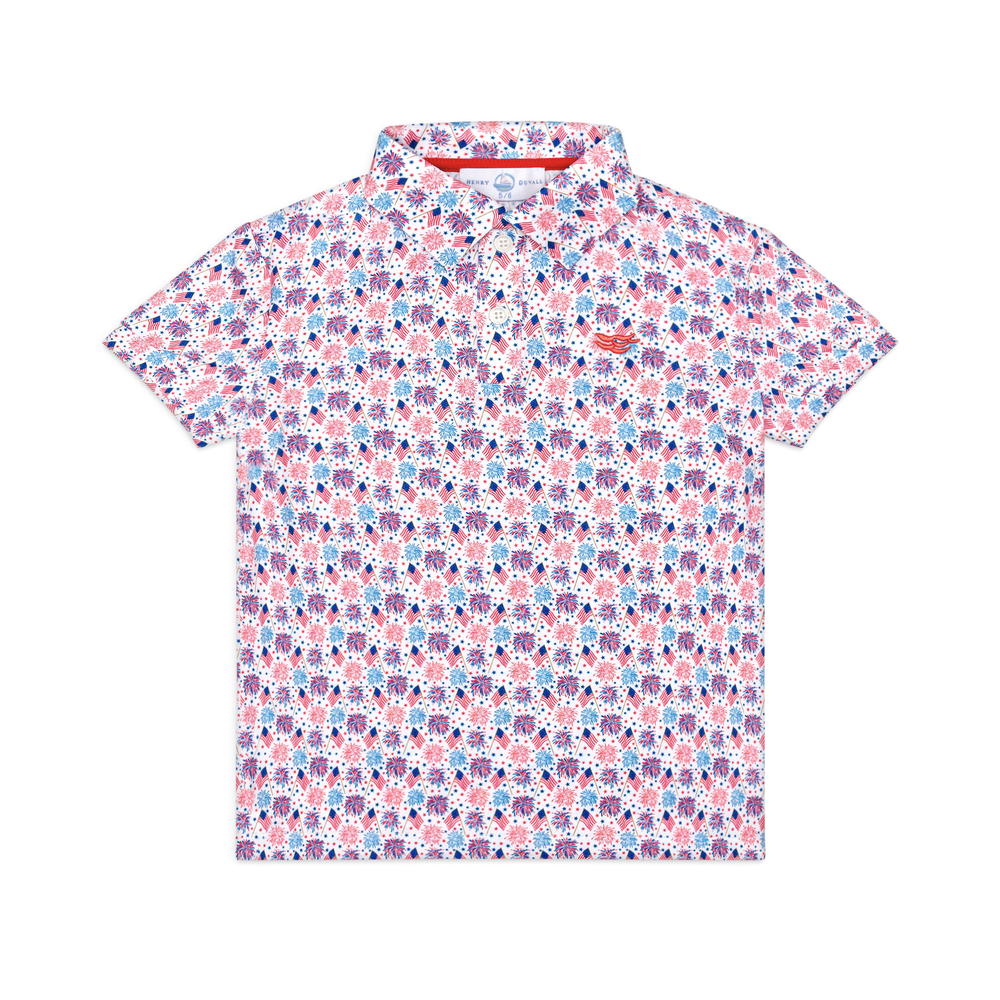 Henry Duvall boys patriotic performance polo with red white and blue fireworks and flag print, preppy UPF summer shirt for Memorial Day, 4th of July, and everyday wear
