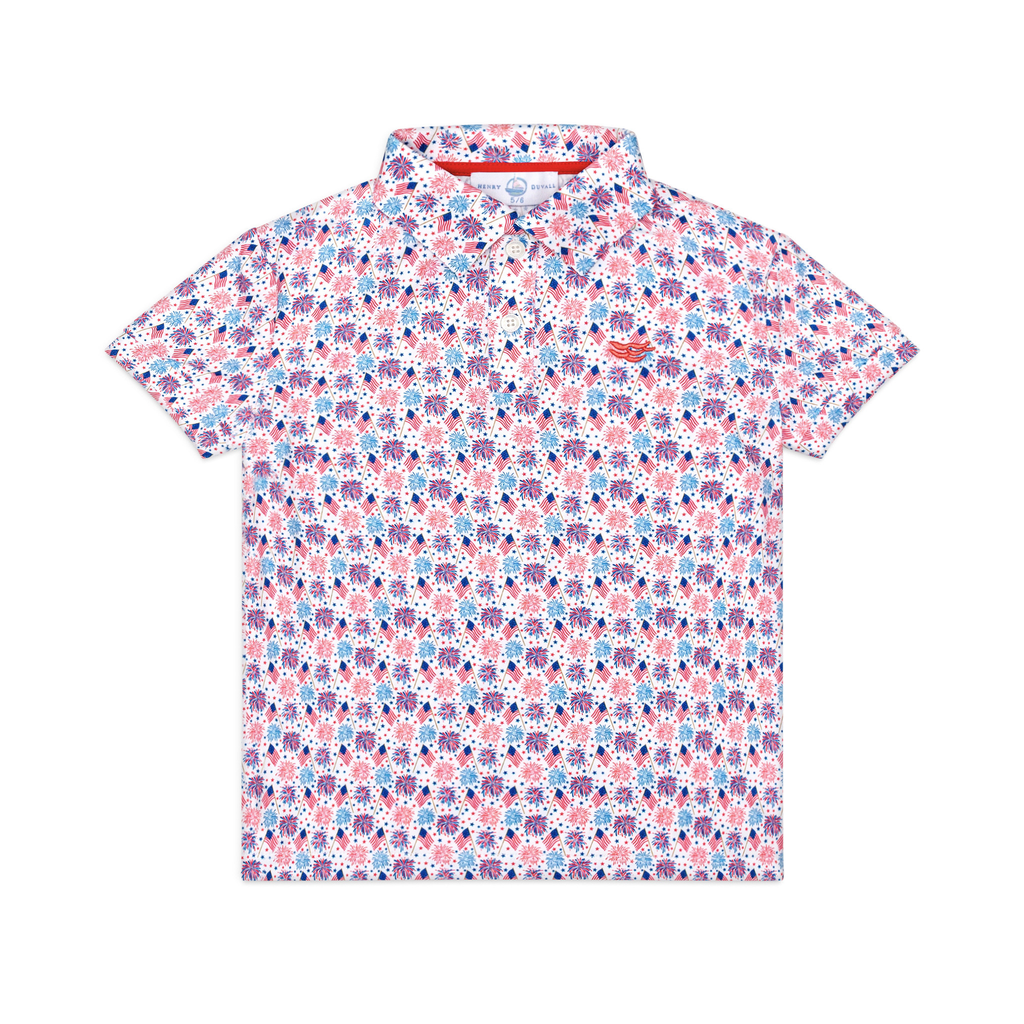Henry Duvall boys patriotic performance polo with red white and blue fireworks and flag print, preppy UPF summer shirt for Memorial Day, 4th of July, and everyday wear