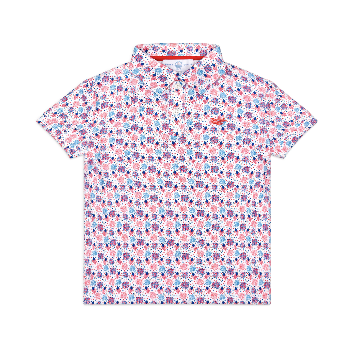 Henry Duvall boys patriotic performance polo with red white and blue fireworks and flag print, preppy UPF summer shirt for Memorial Day, 4th of July, and everyday wear