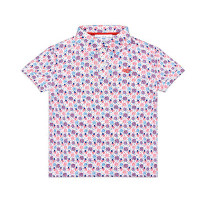 Henry Duvall boys patriotic performance polo with red white and blue fireworks and flag print, preppy UPF summer shirt for Memorial Day, 4th of July, and everyday wear
