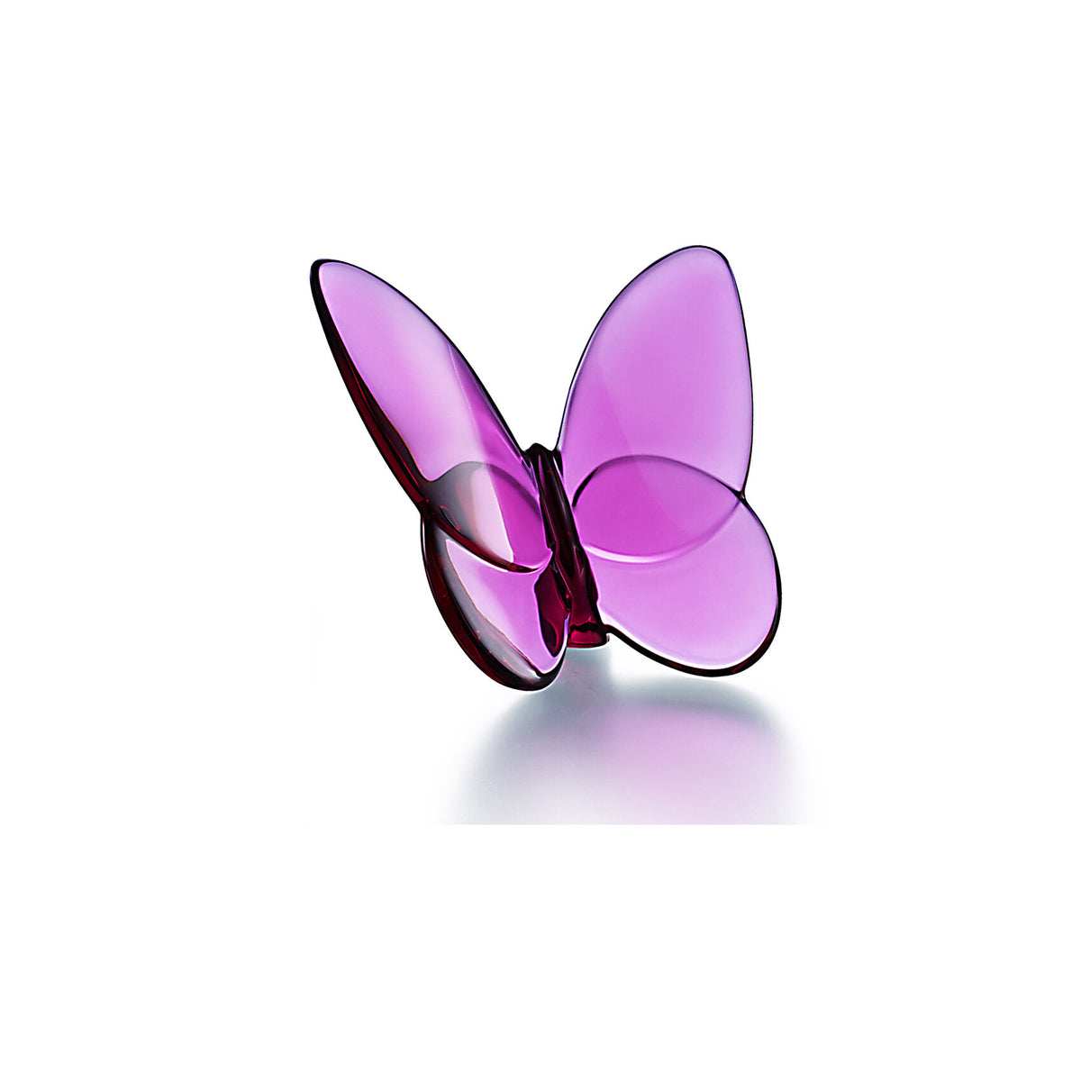 Front view of Baccarat Lucky Butterfly in Peony Pink showcasing hand-blown mauve crystal with a white background