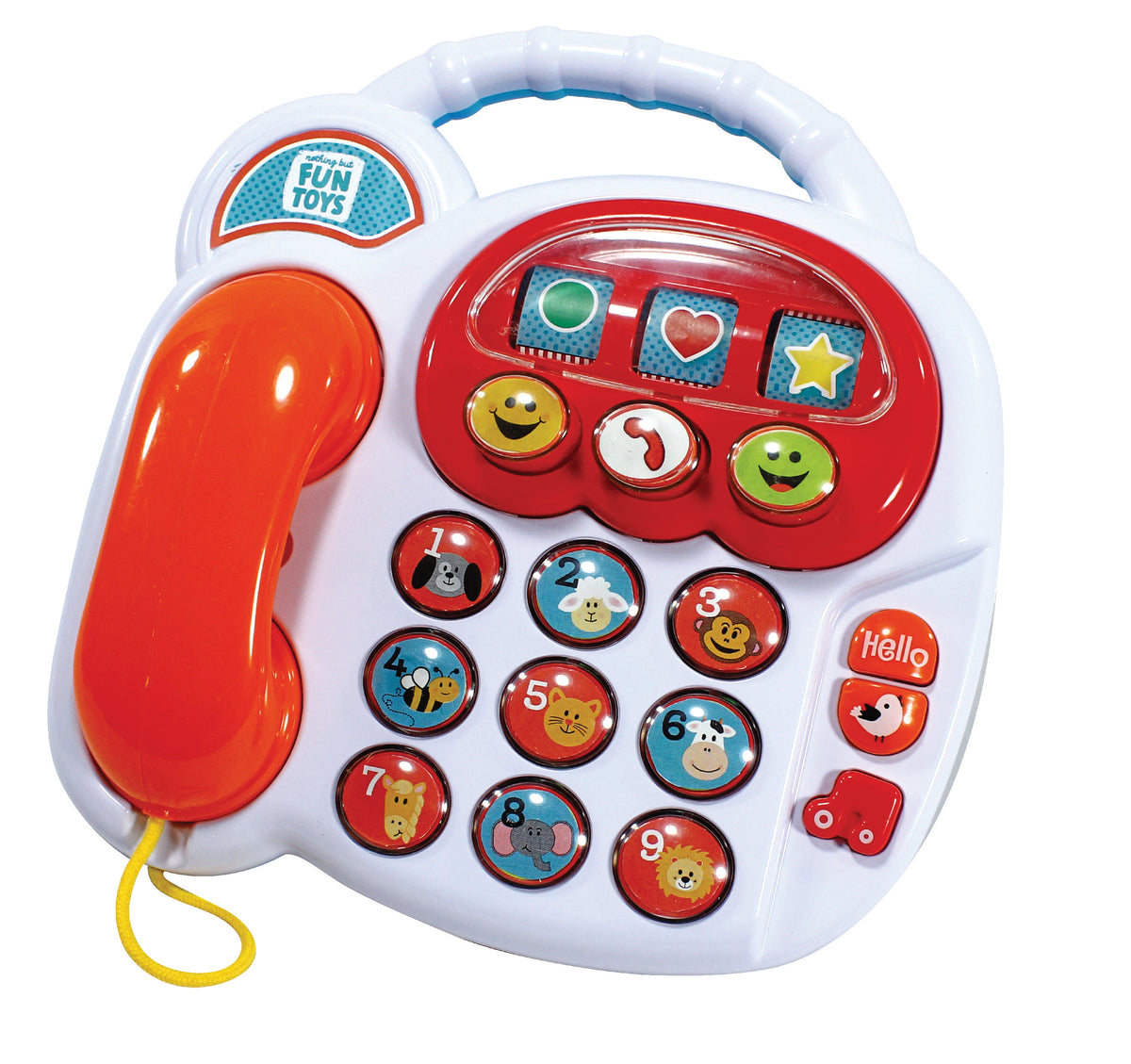 Front view of Fun Time Telephone showcasing red and orange handset, animal number buttons, and white handle on a white background