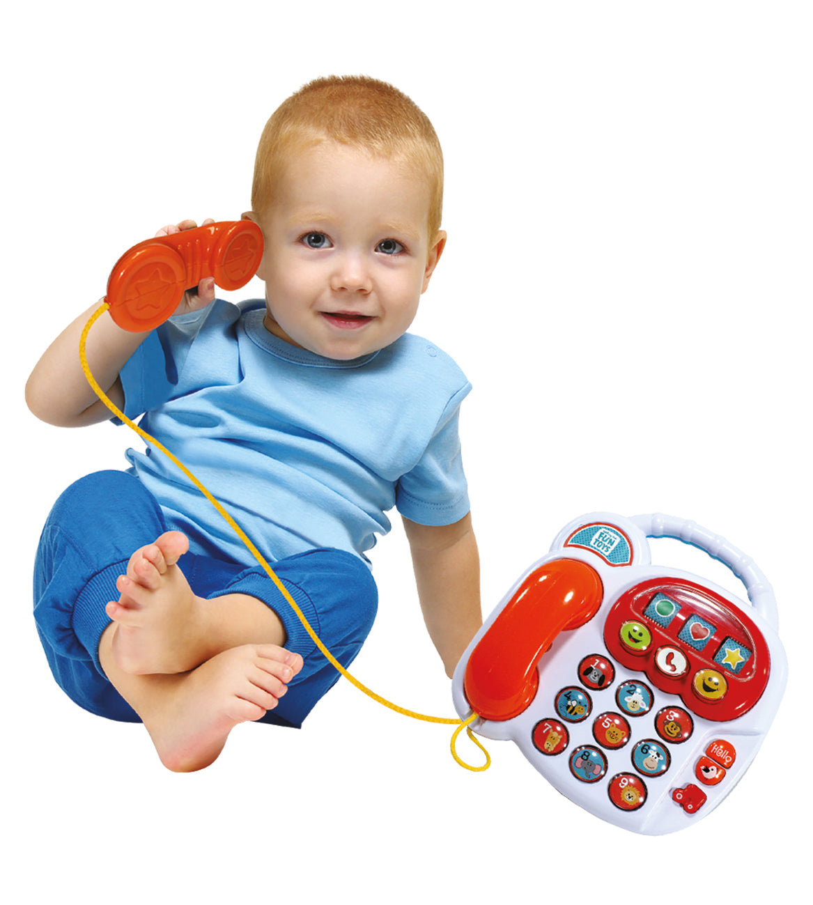 Front view of Fun Time Telephone showcasing its red and white handset, cord, and numbered animal buttons with a child using it