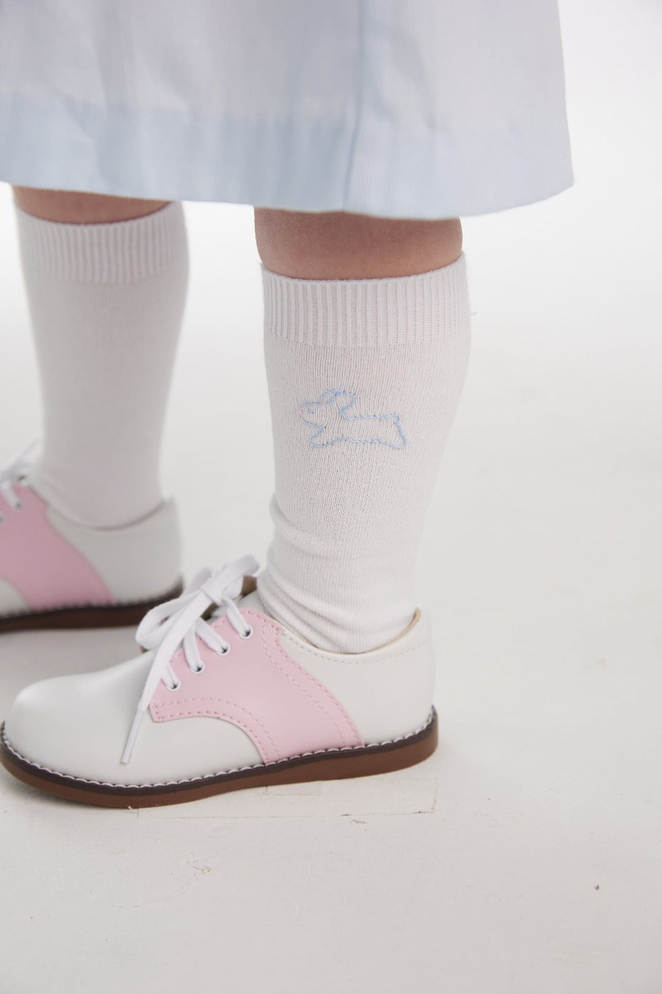 Little English embroidered knee high socks, blue bunny for easter