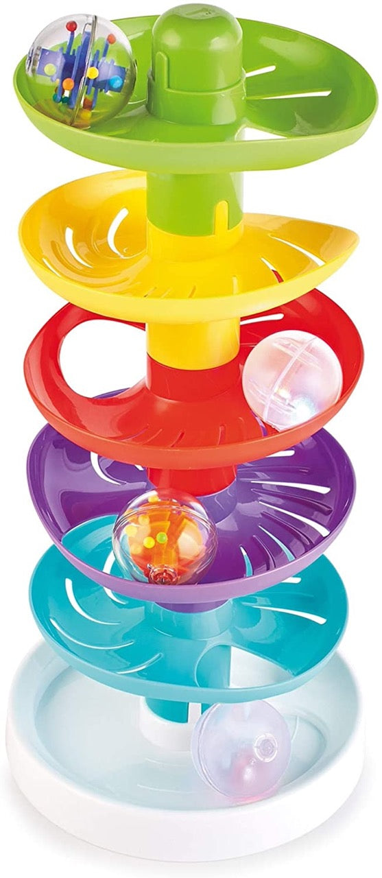 Front view of Sparkle ‘n Roll Ball Tower showcasing five colorful drop zones and four balls on a white background