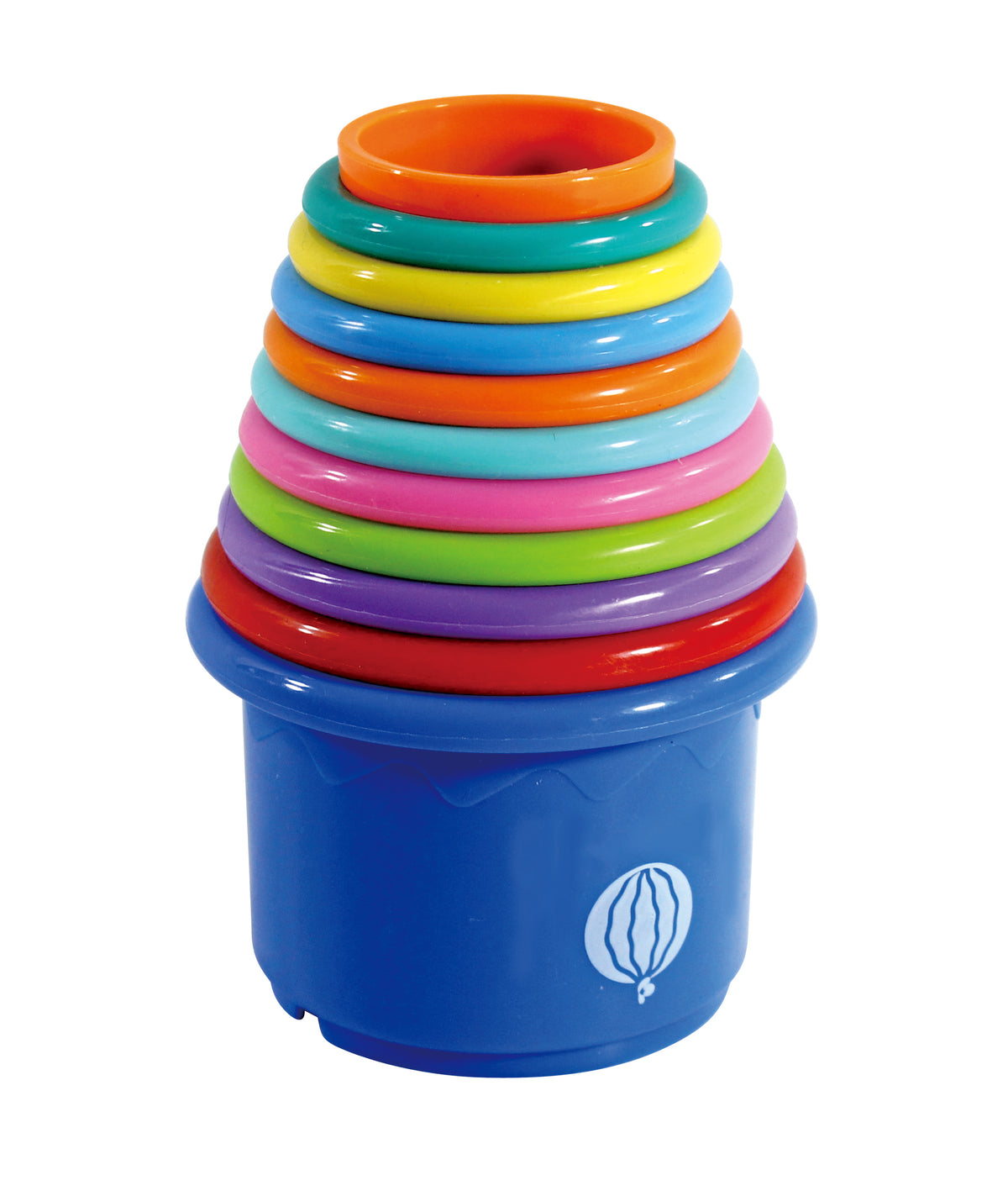 Front view of Tower of Fun Stacking Cups showcasing ten brightly colored cups stacked by size with a white background