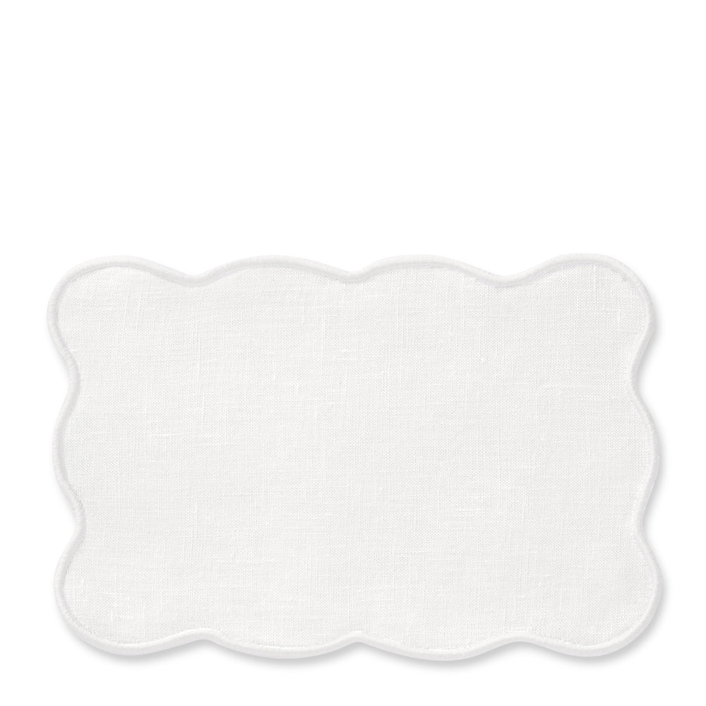 Front view of white Vittoria Cocktail Napkin, set of 4, showcasing embroidered scalloped edge on white background