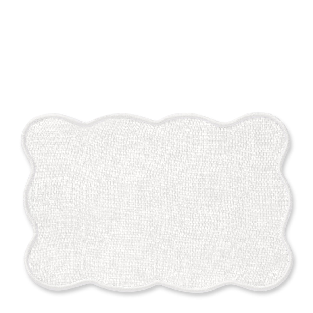 Front view of white Vittoria Cocktail Napkin, set of 4, showcasing embroidered scalloped edge on white background