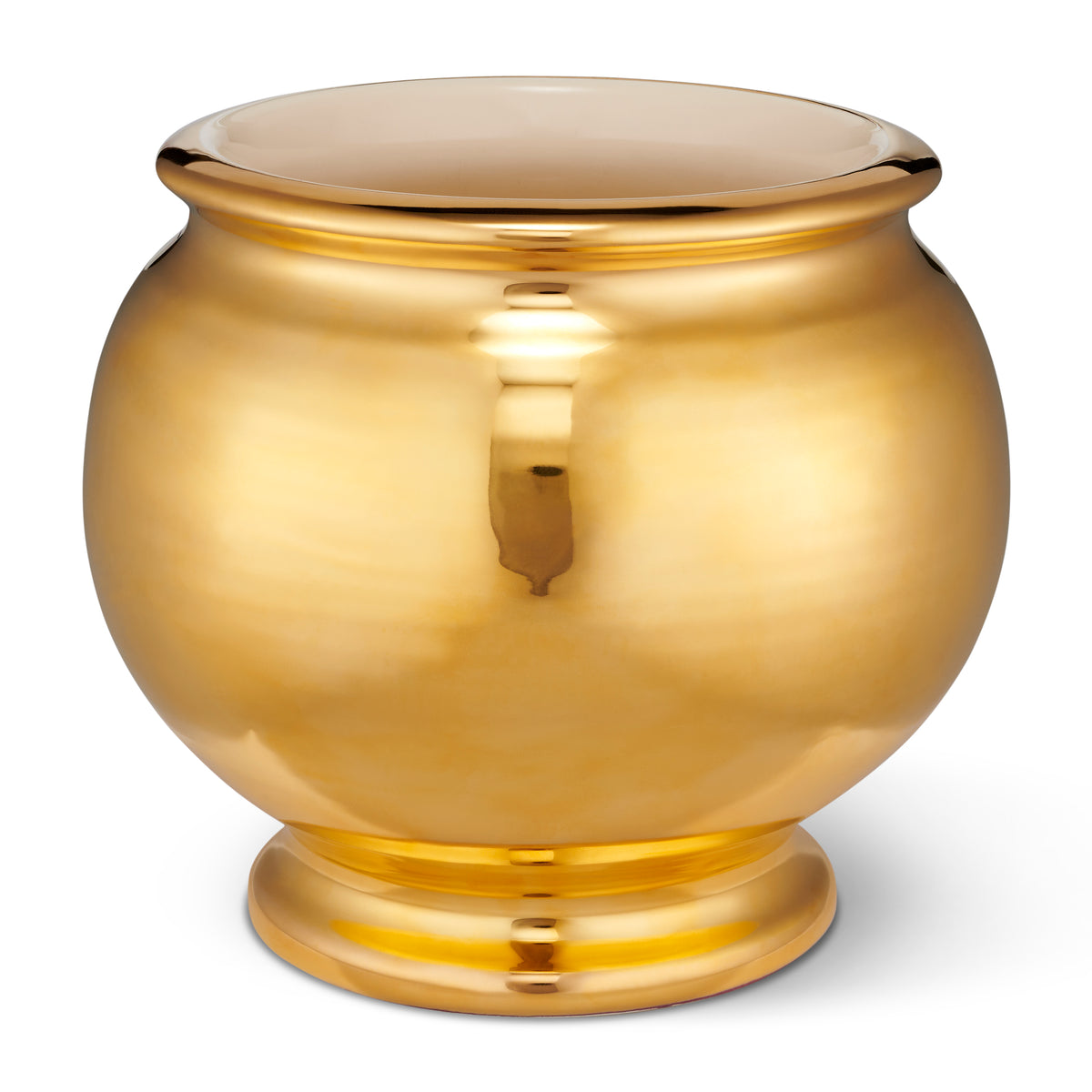 Front view of Siena cachepot showing round hand-thrown ceramic form with 24K gilded gold finish on white background