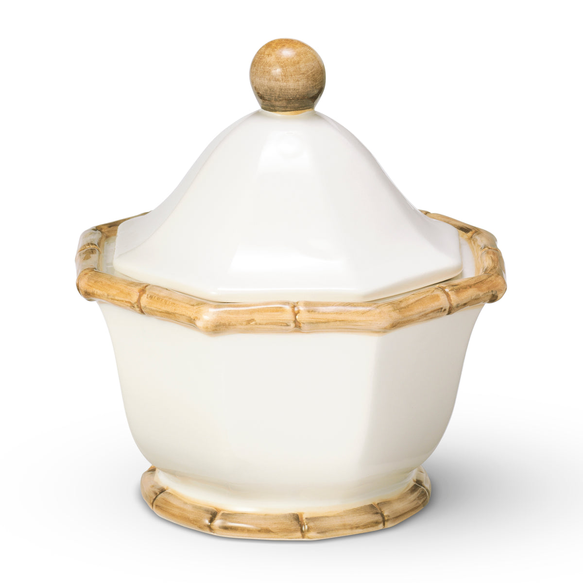Front view of Caleen Sugar Bowl showcasing its hand-painted bamboo rim and base with a white background