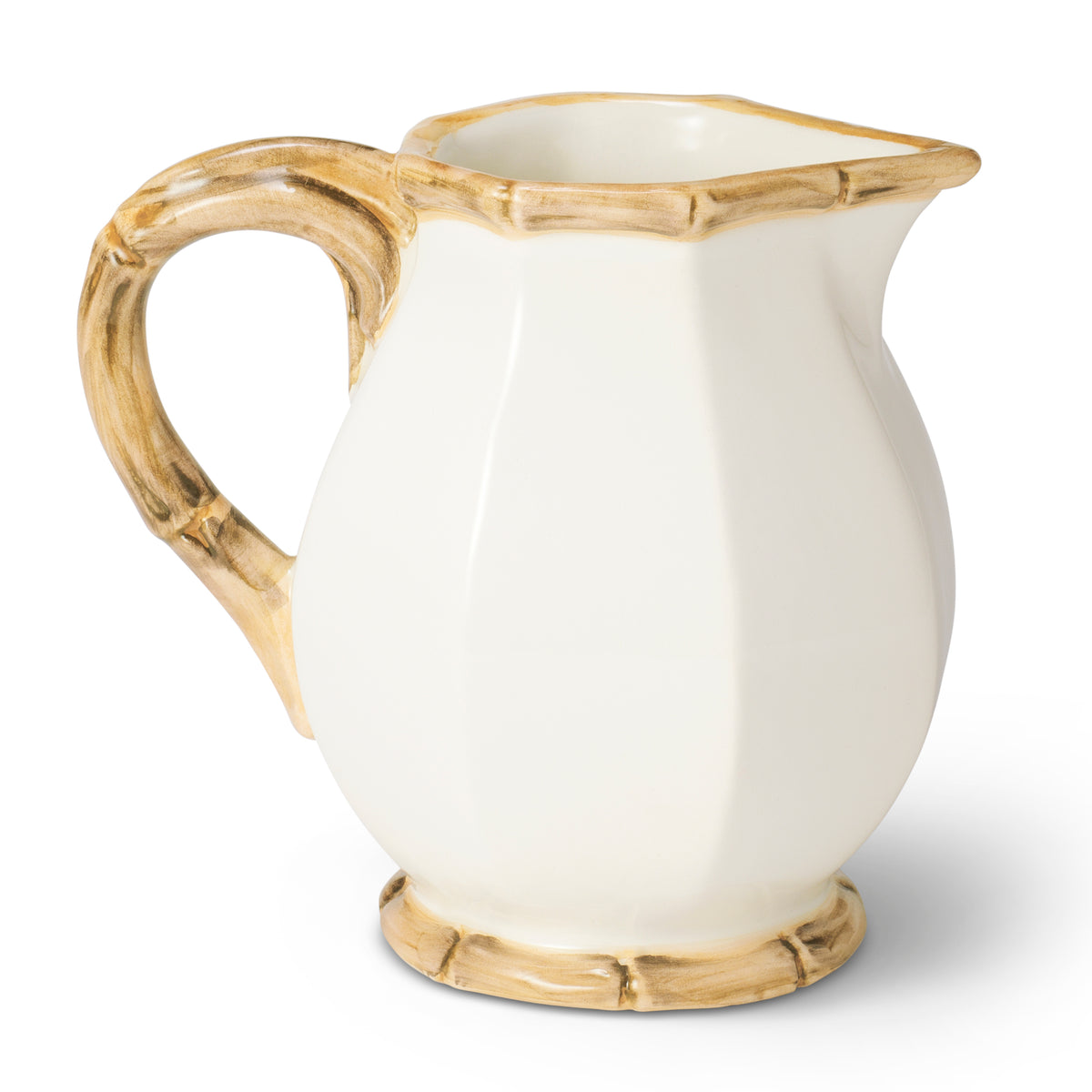 Front three-quarter view of Caleen Creamer showcasing hand-painted bamboo rim and base with a white background